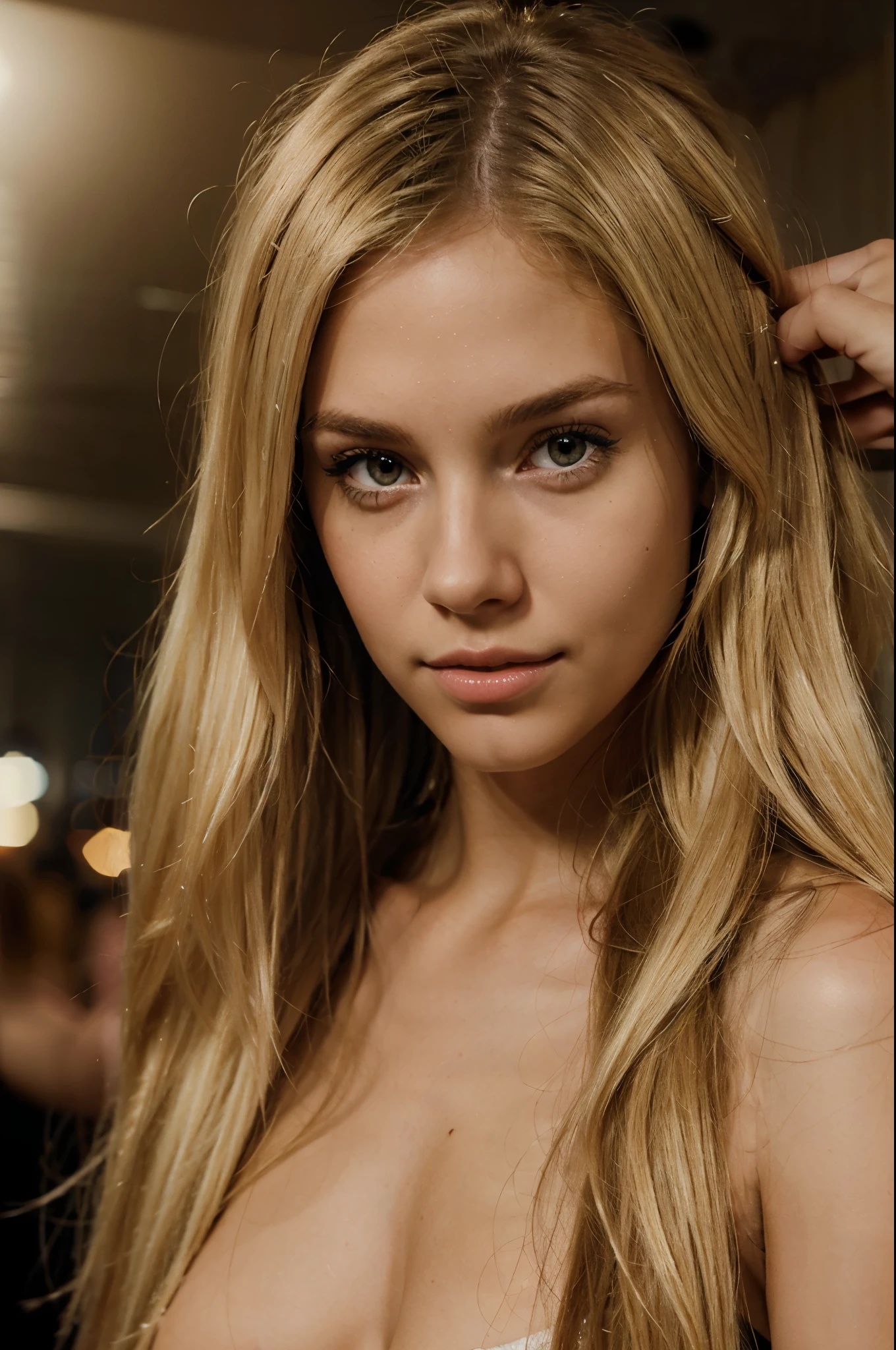 (american girl) (realistic) (skinny) (dirty blonde hair) (photo realism) (beautiful) (in club)