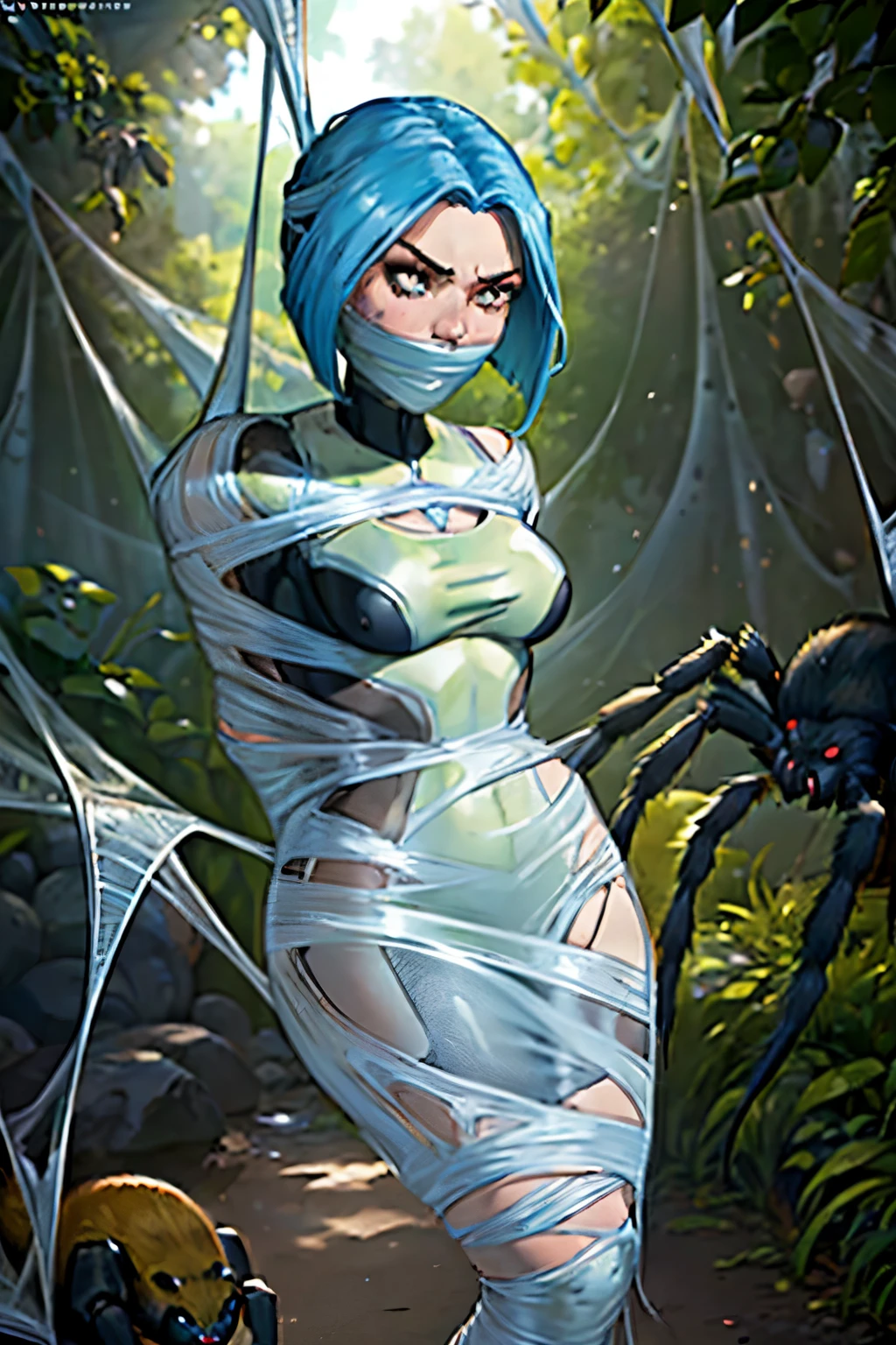from side, close up, (Upper Body: 1.4), erotic, dramatic pose, ((1 woman: 1.7 )), blue colored hair, (bob cut), ( center part), ((thick hair)), in her 20's, sexy, spider web, tied up, cocoon, bound, ((gagged: 1.4)), (slime) gag, gaouth is totally covered by gag: 1.4)), silk, ((arms bound behind back: 1.4)), frightened expression, hyperdetailed face constrained movement, restricted mobility, desperate struggle, bondage, helpless, terrified eyes, cobwebs, detailed spiderweb texture, tangled web, gooey silk strands, ((((she is captured by a small green spider)))), (( small green spider is wrapping her up, active spiderweb wrapping, wrapping her up in gooey webs, spider spinning silk, pulling sticky webbing around her, cocooning her, binding her in webbing: 1.4)), slimy, detailed fangs, sharp fangs, detailed, legs, detailed spiderweb texture, atmospheric perspective, super detail, High resolution, very clear, best quality, ultra realistic, (((16k, cg, masterpiece))), ultra detailed background, delicate pattern, intricate detail, highly detailed, fine details best quality, (photorealistic), beautiful lighting, absurdres, video game cut scene, RAW photo, dynamism, fluidity, suspenseful moment, emotional intensity