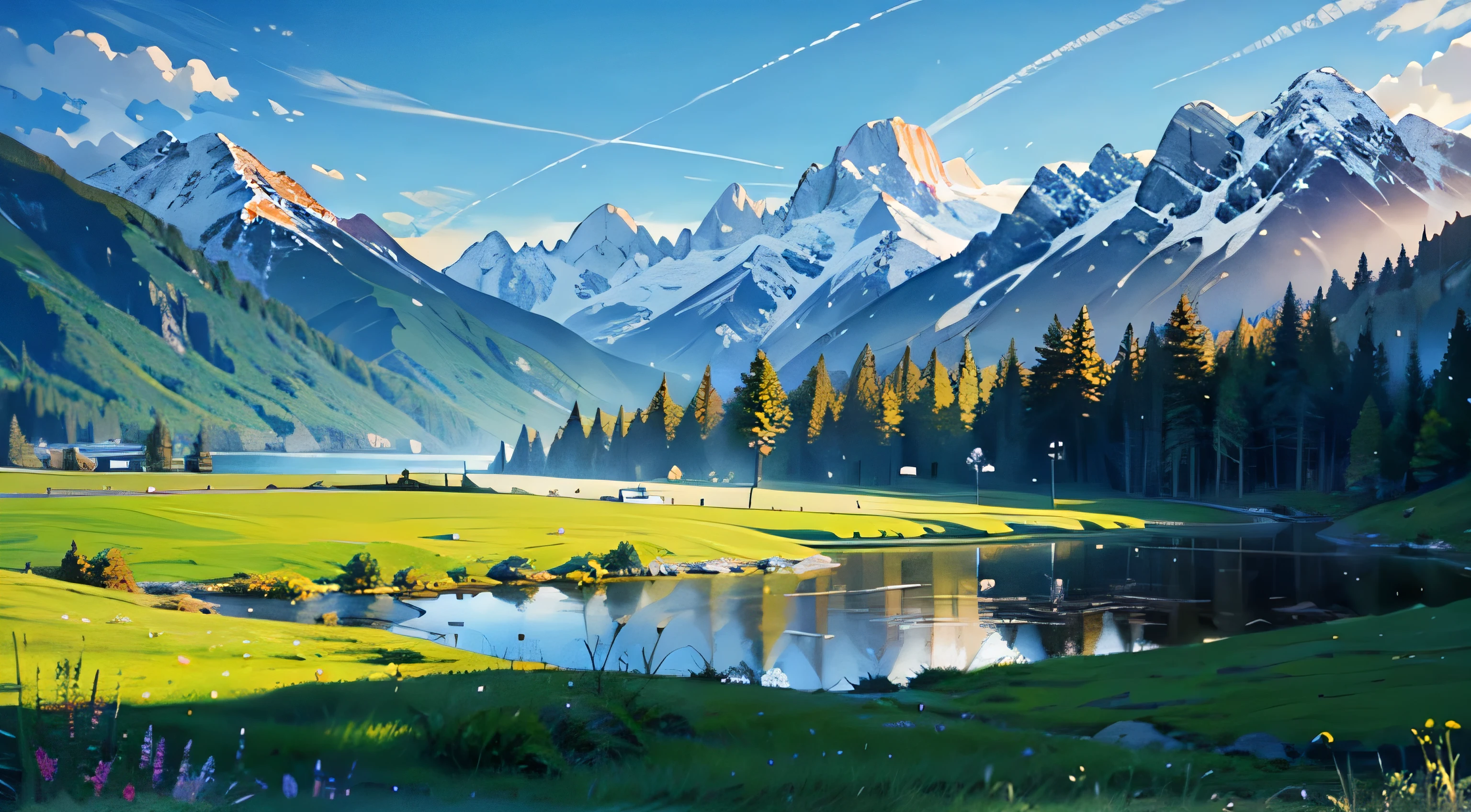 background,masterpiece,best quality,meadow,mountain,lake