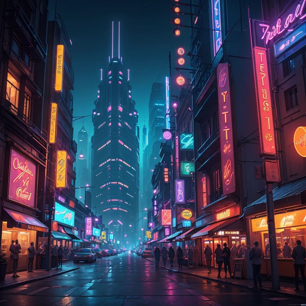 (Masterpiece, high quality, Best quality, Official Art, Beauty and Aesthetics:1.2) futuristic city with vintage details at night with neon lighting