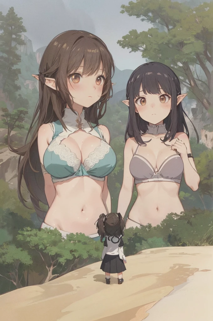 (two giant girls below a girl on a tiny cliff: 1.2), (two giants below a girl on a tiny cliff), (height_difference:1.4), (size_difference:1.3), (forest background: 1.3), (2girls:1.8), hills, mountains, forests, professionally drawn, (huge breasts), (cleavage sweat), (anime drawing:1.1), (simple bold lines: 1.1), (anime:1.1), (very cute anime girl), (bright), (low contrast), (prettiest age girl), (mature face: 1.4), (tall girl with big breasts: 1.2), (girl on a cliff rear view: 1.5), ripped poor clothing, elfgirl