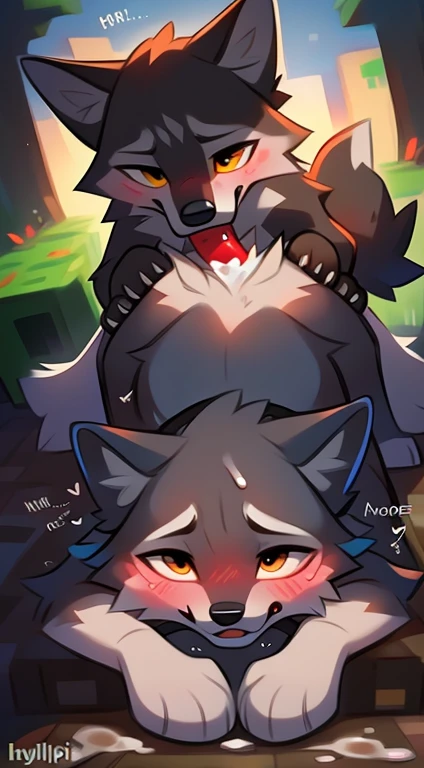 Feral wolf, minecraft wolf character,furry art, wolf is showing paws, canine penis, cum, blush, moaning, pressing Minecraft fox against a tree, Art by hyilpi grey wolf, red fox, two characters,