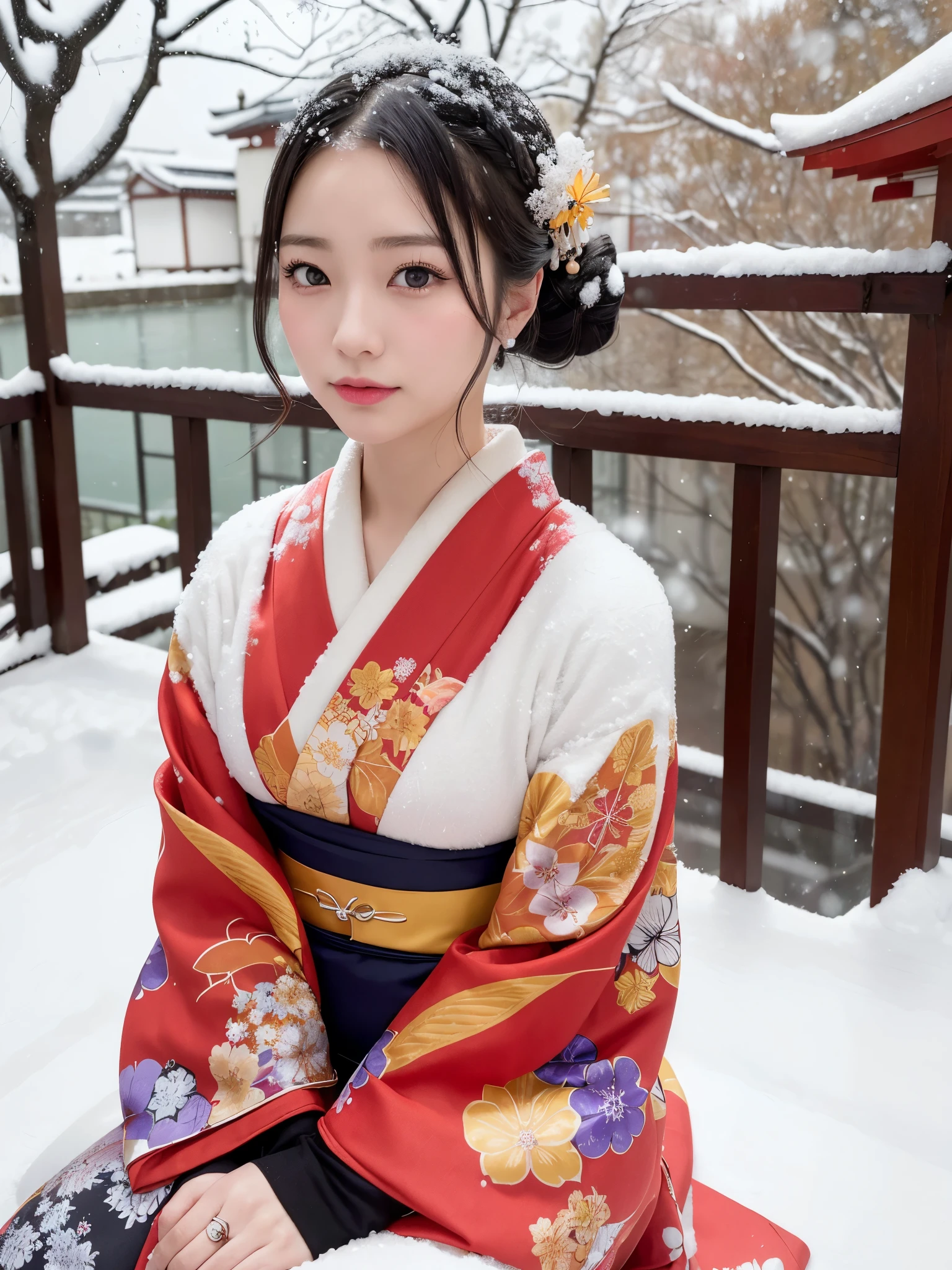 (colorful printed japanese Kimono: 1.2), oiran, high-ranking courtesan, ((of the highest quality, 8K, masutepiece: 1.3, Raw photo)), Sharp Focus: 1.2, (1 AESPA Girl :1.1), SOLO, (Realistic, Photorealistic: 1.37), (Face Focus: 1.1), Cute face, hyperdetailed face, (updo: 1.2), (Falling snow:1.2), (Hair swaying in the wind:1), (Light reflecting snow:1.3), Japanese theme, Washi background, Filming in the Japan Garden, Beautiful Japanese makeup, A beautiful woman that symbolizes Japan culture, (small breasts, flat chest, thigh: 1.1), sitting, night lighting,