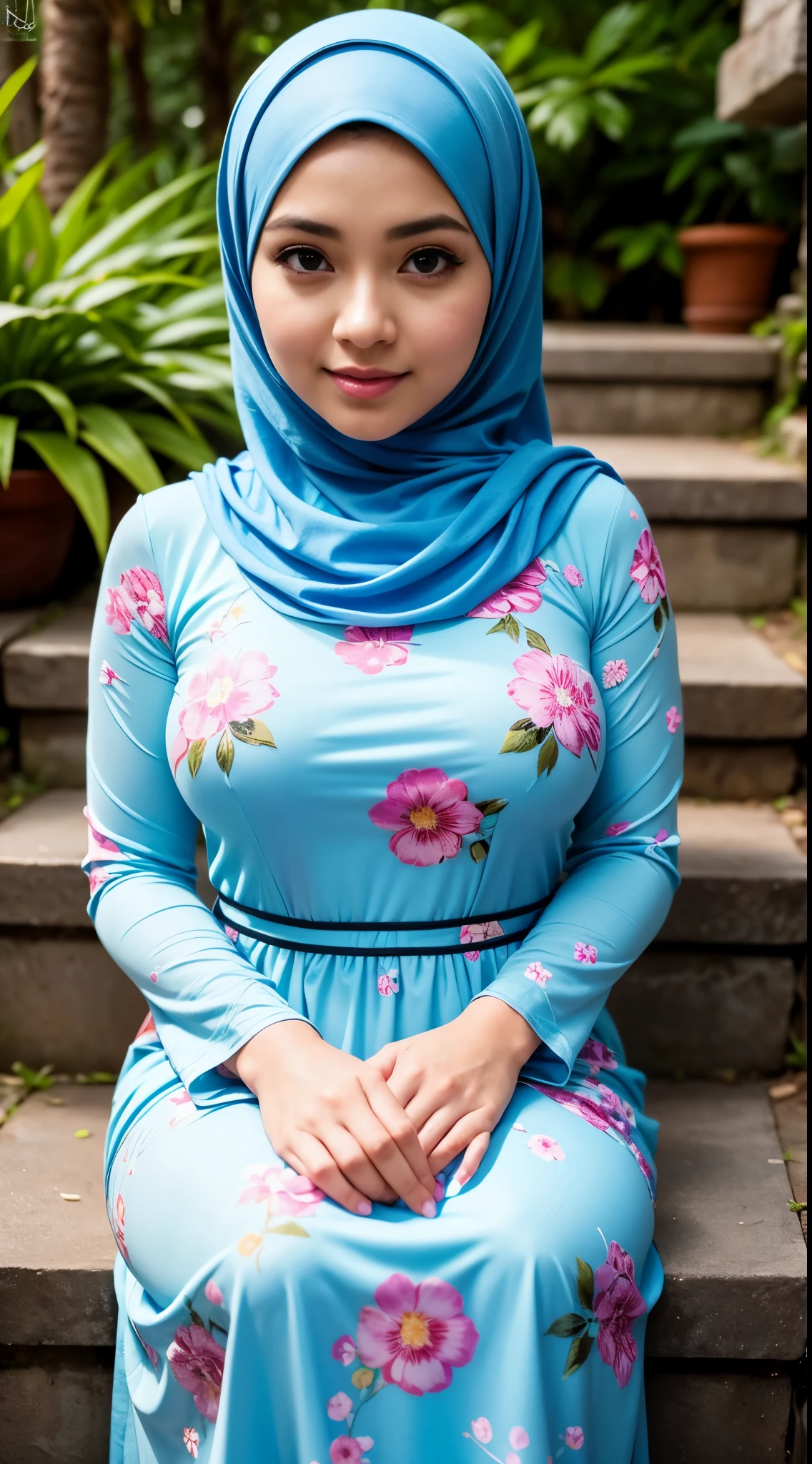 ( Close Up),RAW, Best quality, high resolution, masterpiece: 1.3), beautiful Malay woman in hijab, Masterpiece, perfect body, Big breasts, thick thighs, beautiful big eyes, mole under the eyes, long eyelashes, big eyes, beutifull face, Soft smile, woman wearing a blue floral dress standing on steps, modest flowing gown, inspired by Nazmi Ziya Güran, turqouise, flowery dress, wearing a long flowery dress, idian dress, long dress female, floral art novuea dress, full covered dress, detailed picture, icey blue dress, inspired by Shaddy Safadi illustrious clothes Soft turtleneck, evening walk, garden park, Great lighting, Bright colors, Clean lines