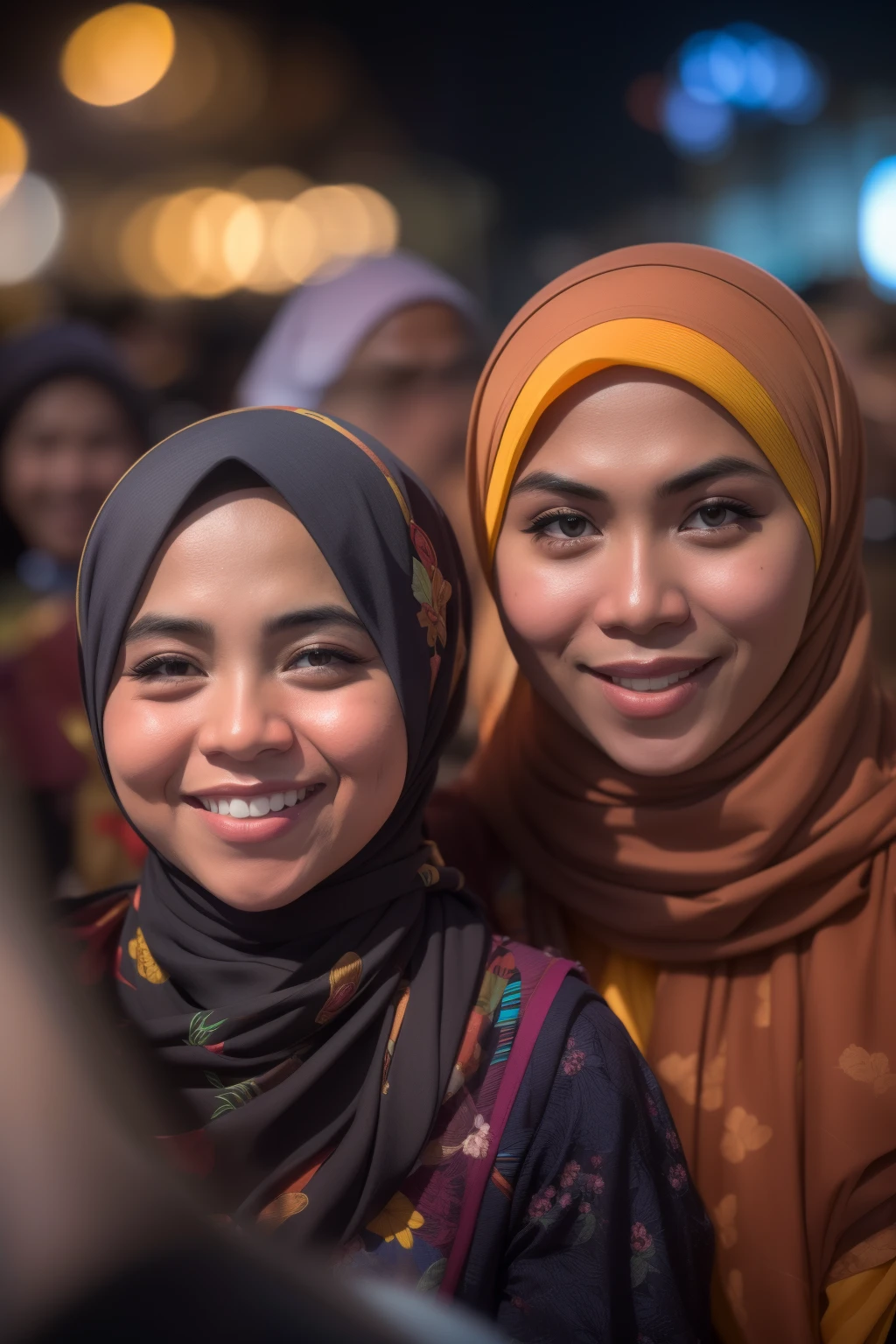 Portrait photography of a beautiful young Malay girl in hijab with 1 Malay man watching a concert, wear traditional Malay attire, nighttime, beach concert background, crowded concert, bokeh, bright lighting, smile and happy gesture, high quality, ultra detail, 8k, cinematic color,