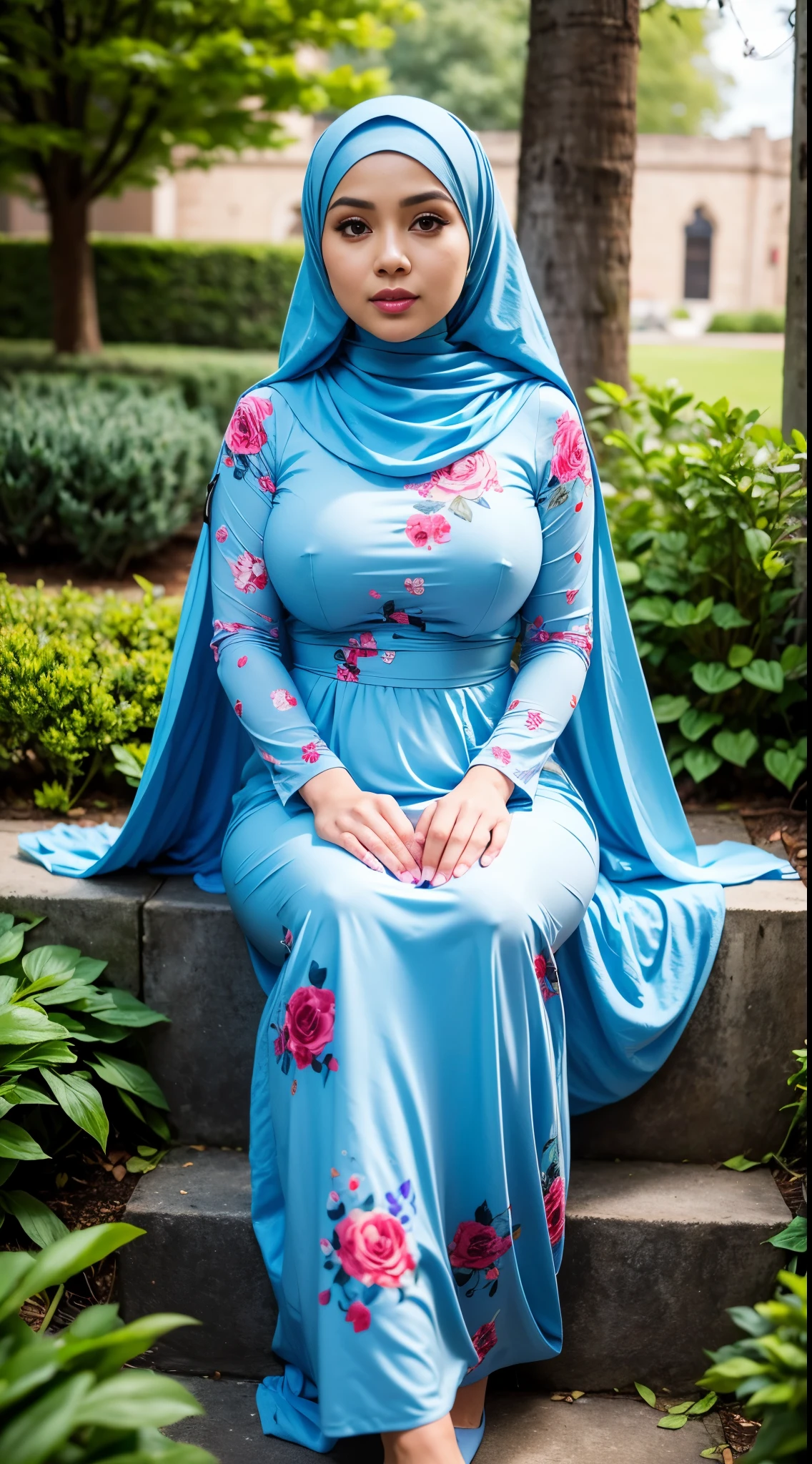 ( Close Up),RAW, Best quality, high resolution, masterpiece: 1.3), beautiful Malay woman in hijab, Masterpiece, perfect body, Big breasts, thick thighs, beautiful big eyes, mole under the eyes, long eyelashes, big eyes, beutifull face, Soft smile,  woman wearing a blue floral dress sitting on steps, modest flowing gown, turqouise, flowery dress, wearing a long flowery dress, long dress female, floral art novuea dress, full covered dress, detailed picture, icey blue dress, illustrious clothes  Soft turtleneck, evening walk, garden park, Great lighting, Bright colors, Clean lines