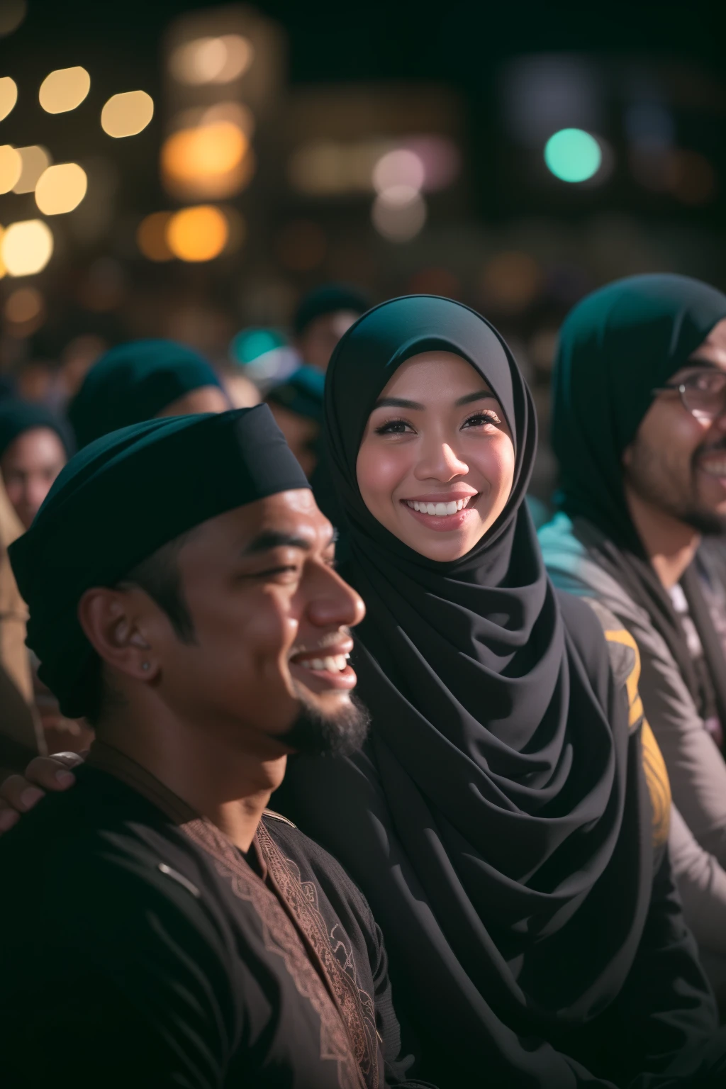 Portrait photography of a beautiful young Malay girl in hijab with 1 Malay man watching a concert, wear traditional Malay attire, nighttime, beach concert background, crowded concert, bokeh, bright lighting, smile and happy gesture, high quality, ultra detail, 8k, cinematic color,