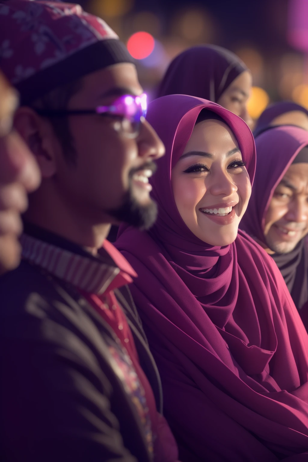 Portrait photography of a beautiful young Malay girl in hijab with 1 Malay man watching a concert, wear traditional Malay attire, nighttime, beach concert background, crowded concert, bokeh, bright lighting, smile and happy gesture, high quality, ultra detail, 8k, cinematic color,