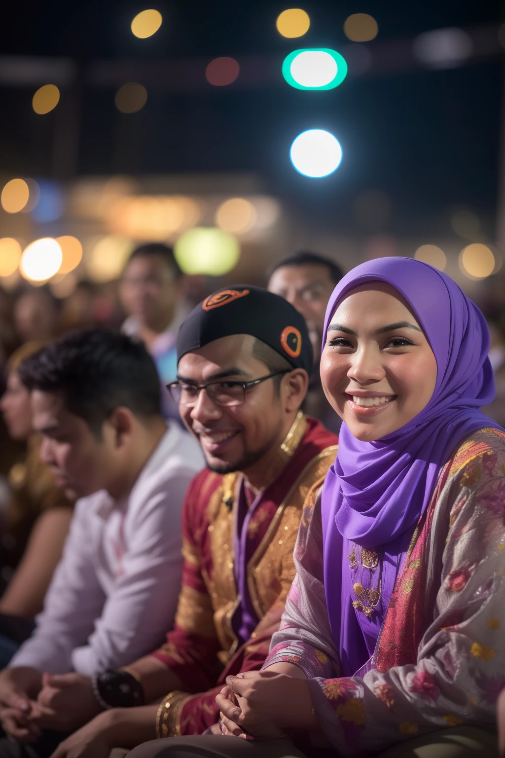 Portrait photography of a beautiful young Malay girl in hijab with 1 Malay man watching a concert, wear traditional Malay attire, nighttime, beach concert background, crowded concert, bokeh, bright lighting, smile and happy gesture, high quality, ultra detail, 8k, cinematic color,