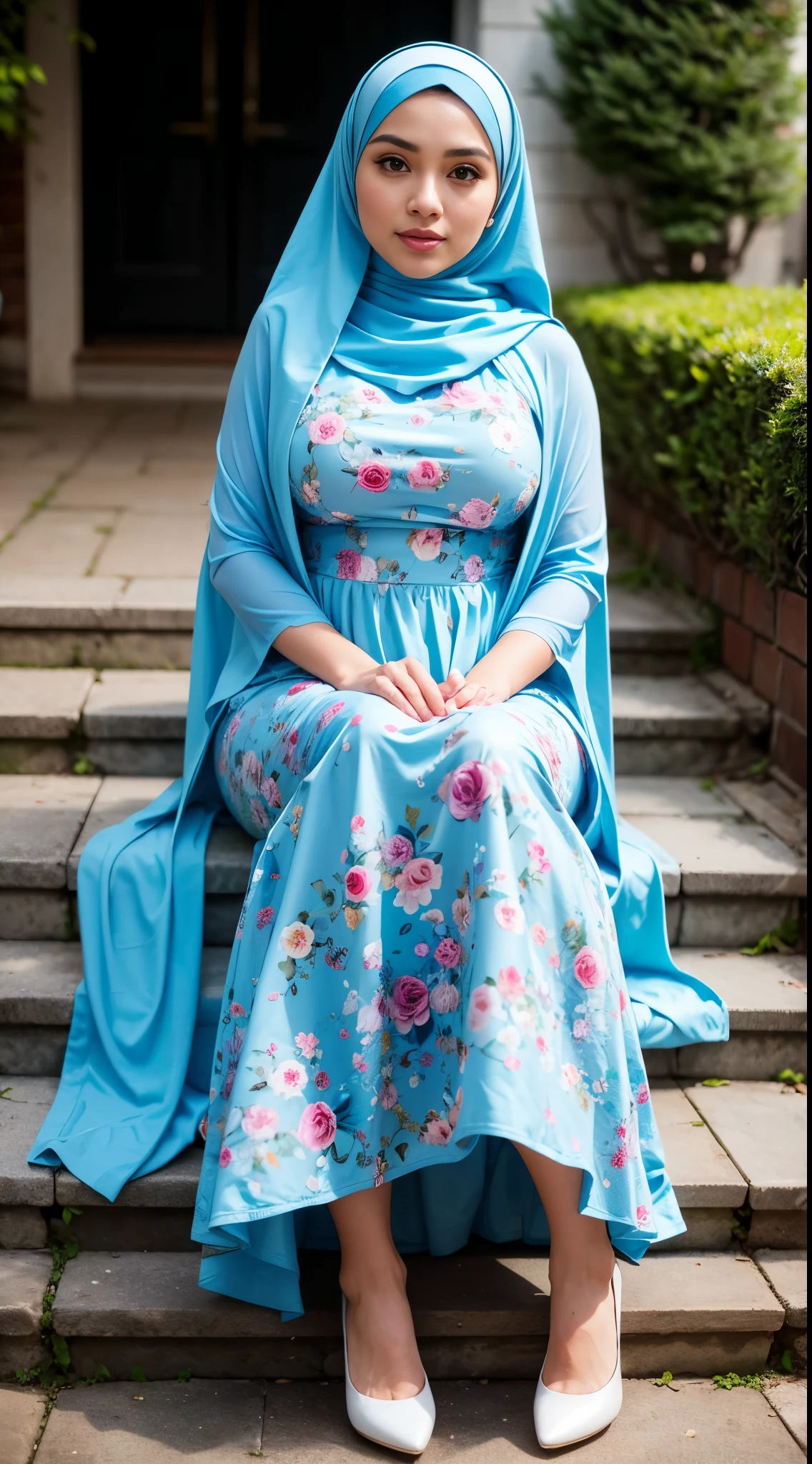 ( Close Up),RAW, Best quality, high resolution, masterpiece: 1.3), beautiful Malay woman in hijab, Masterpiece, perfect body, Big breasts, thick thighs, beautiful big eyes, mole under the eyes, long eyelashes, big eyes, beutifull face, Soft smile, woman wearing a blue floral dress sitting on steps, modest flowing gown, turqouise, flowery dress, wearing a long flowery dress, long dress female, floral art novuea dress, full covered dress, detailed picture, icey blue dress, illustrious clothes Soft turtleneck, evening walk, garden park, Great lighting, Bright colors, Clean lines