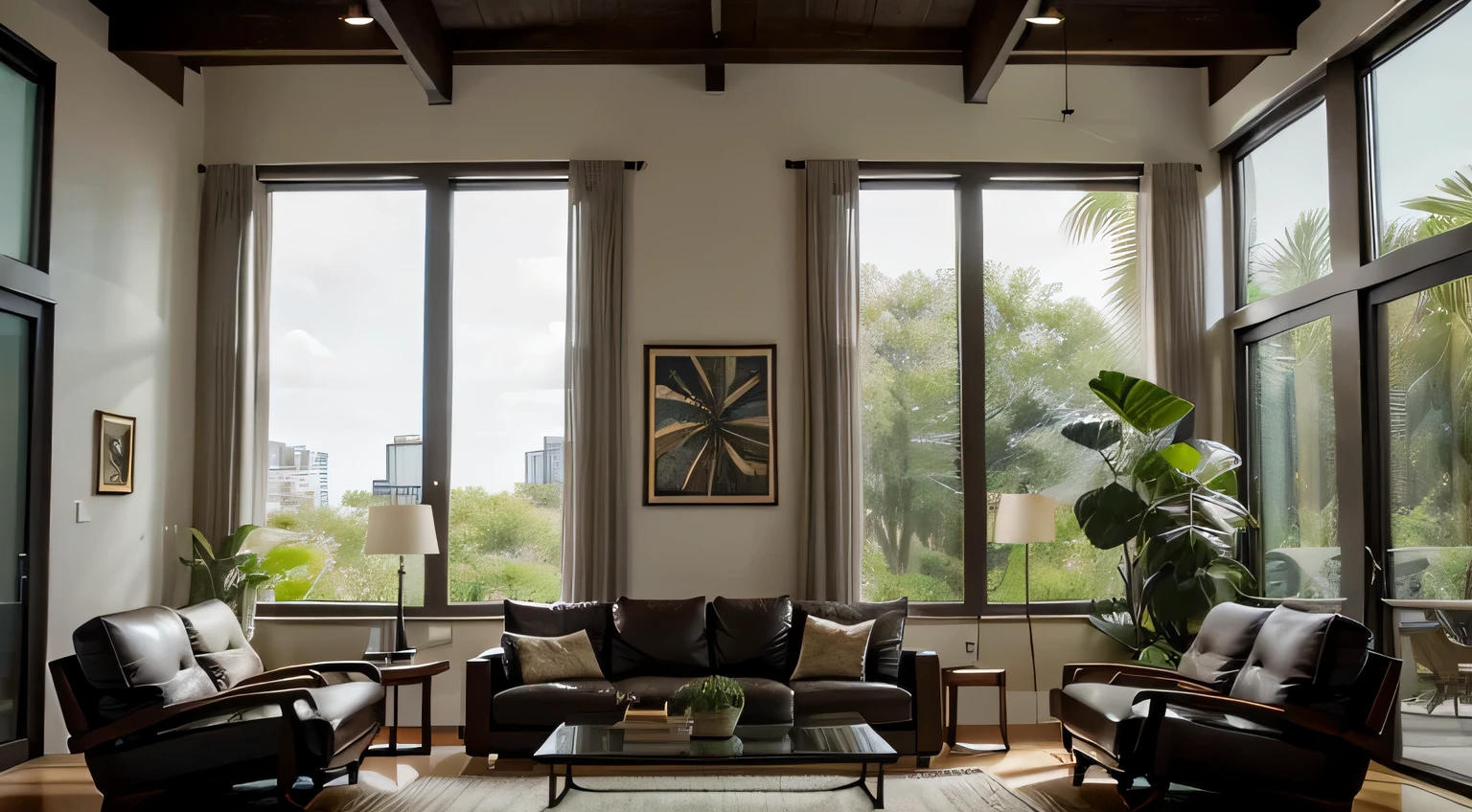 In the image, You can see the uniquely designed living room,Striking with its high ceilings and large glass windows, These provide panoramic views of nature. The interior design is modern and comfortable, incorporating a range of dark-toned furniture,Adds a luxurious feel to the space. The seating is composed of plush sofe and armchair arranged around a low-lying central coffee table. Additionally, Room decoration with various lighting options, Books, and decorative items that add personality and warmth.. This space cleverly blends indoor luxury with the natural surroundings of the outdoors.
Furthermore, This interior space is popular for its design that blends inside and out. Although there are some soft furniture indoors, Like there are some furry seats scattered on the floor, Comes with some high stools and side stools, the main focal point of the interior is those floor-to-ceiling windows. These windows not only bring in tons of natural light,It also provides unparalleled outdoor scenery, Outdoor palm trees and other greenery are part of the indoor landscape.
Additionally, The lighting design of this living room is also very unique. Additionally to a few of the brightest fixtures on the ceiling, There are many other lights, For example, directional light source, Shadowless lamps and floor lamps, ETC., All of this creates rich lighting effects in interior spaces. A large floor lamp set in the corner brings soft light to the corner, Create a cozy atmosphere.
space furniture, Includes coffee table, sofe, and armchair, All in elegant dark brown tones. Each piece of furniture has clean lines and modern design, This creates a charming and unique texture for this interior space..
All-encompassing, This living room space is a perfect combination of nature and modern design elements. Increase comfort by arranging furniture and appropriate lighting, And palm trees and stunning outdoor views