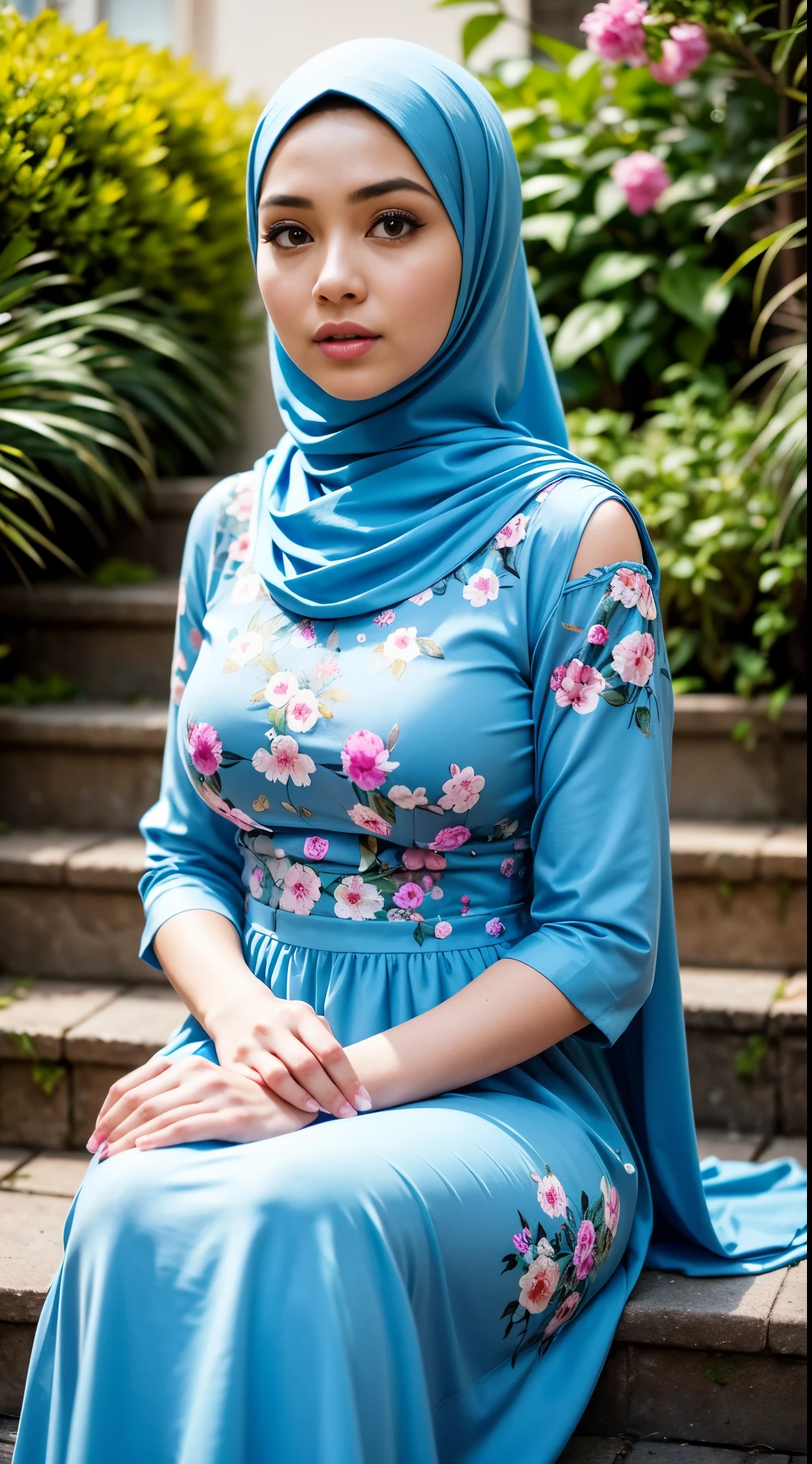 ( Close Up),RAW, Best quality, high resolution, masterpiece: 1.3), beautiful Malay woman in hijab, Masterpiece, perfect body, Big breasts, thick thighs, beautiful big eyes, mole under the eyes, long eyelashes, big eyes, beutifull face, Soft smile, woman wearing a blue floral dress sitting on steps, modest flowing gown, turqouise, flowery dress, wearing a long flowery dress, long dress female, floral art novuea dress, full covered dress, detailed picture, icey blue dress, illustrious clothes Soft turtleneck, evening walk, garden park, Great lighting, Bright colors, Clean lines