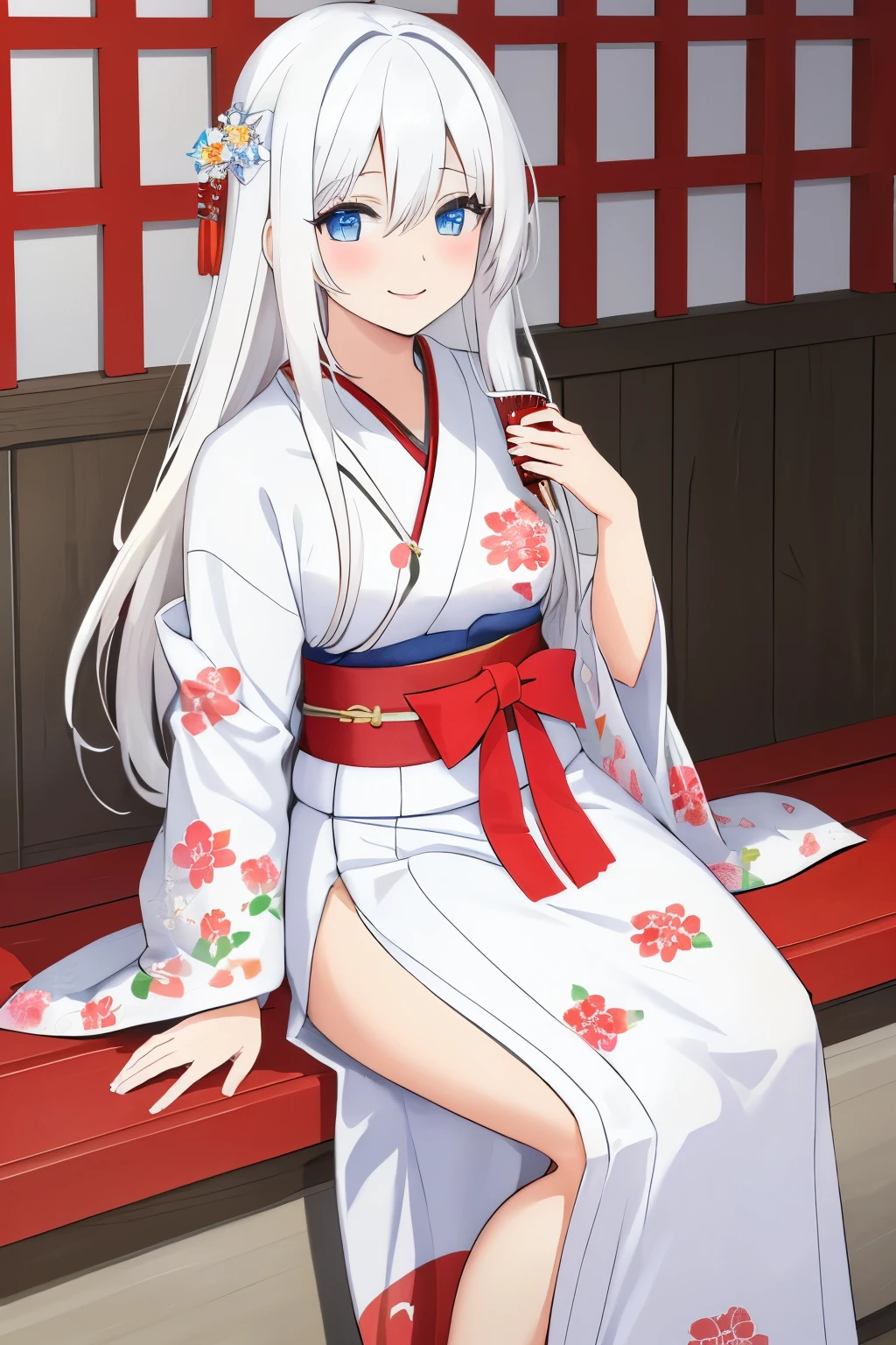 Chica anime, ((Masterpiece), top-quality, Top image quality, ((((solo)))), ((((white hair)))), long hair, Beautiful blue eyes, Shining eyes, dye one's cheeks red, smile, s girl, 18yo, cute, {{{{white floral printed kimono}}}}, wearing fusion kimono and yukata, side slit, surrounded by items representing the Japanese New Year, snow, 8k