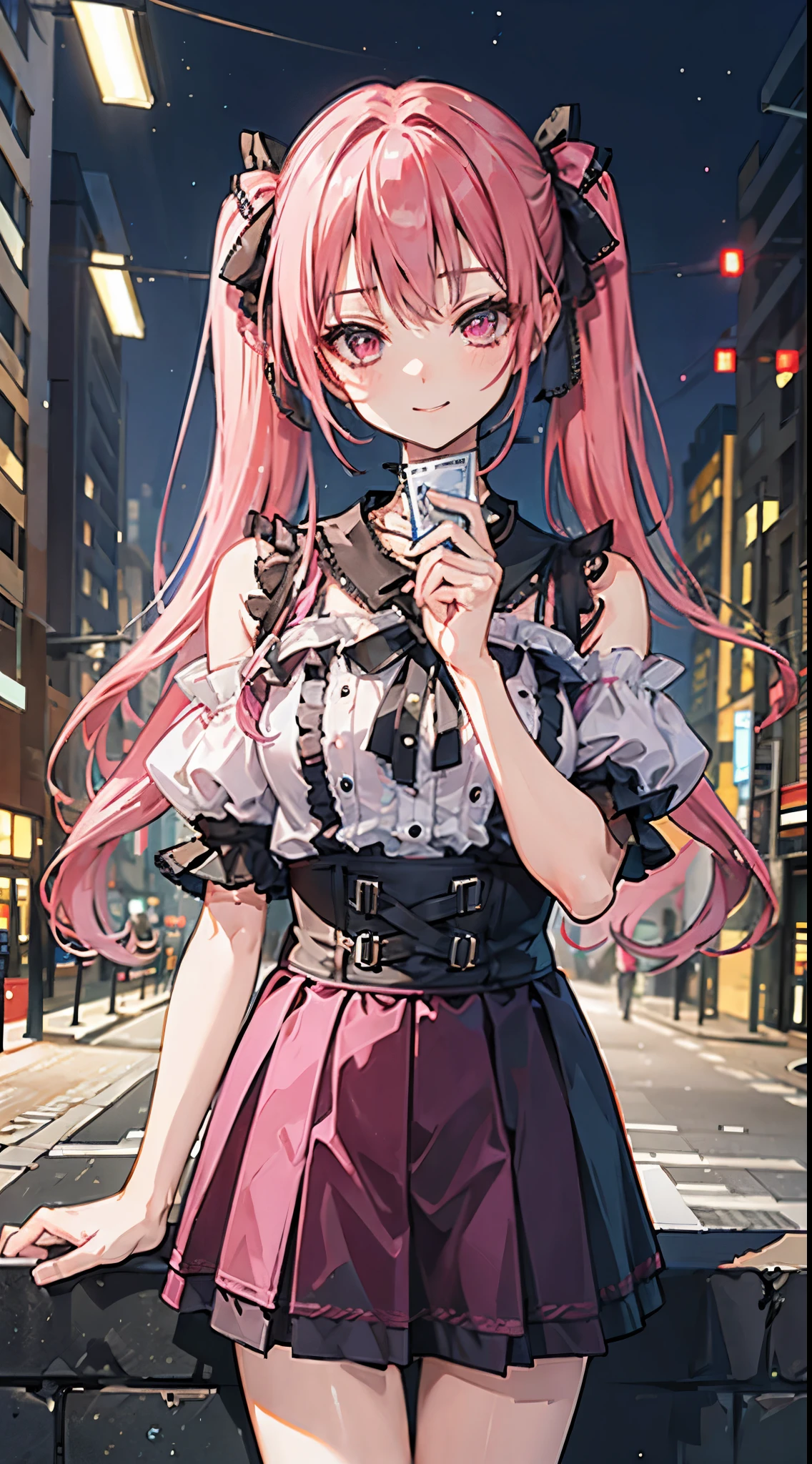 (8K、Top image quality、top-quality、​masterpiece)、A detailed face、1 girl in、A pink-haired、((twintails))、Pink eyes、耳环、evil smile、smirk grin、Moderately breasts、((pink clothing))、frilld、a black ribbon、Black miniskirt、frilld、jirai kei attire、condom in wrapper、cowboy  shot、Downtown background at night