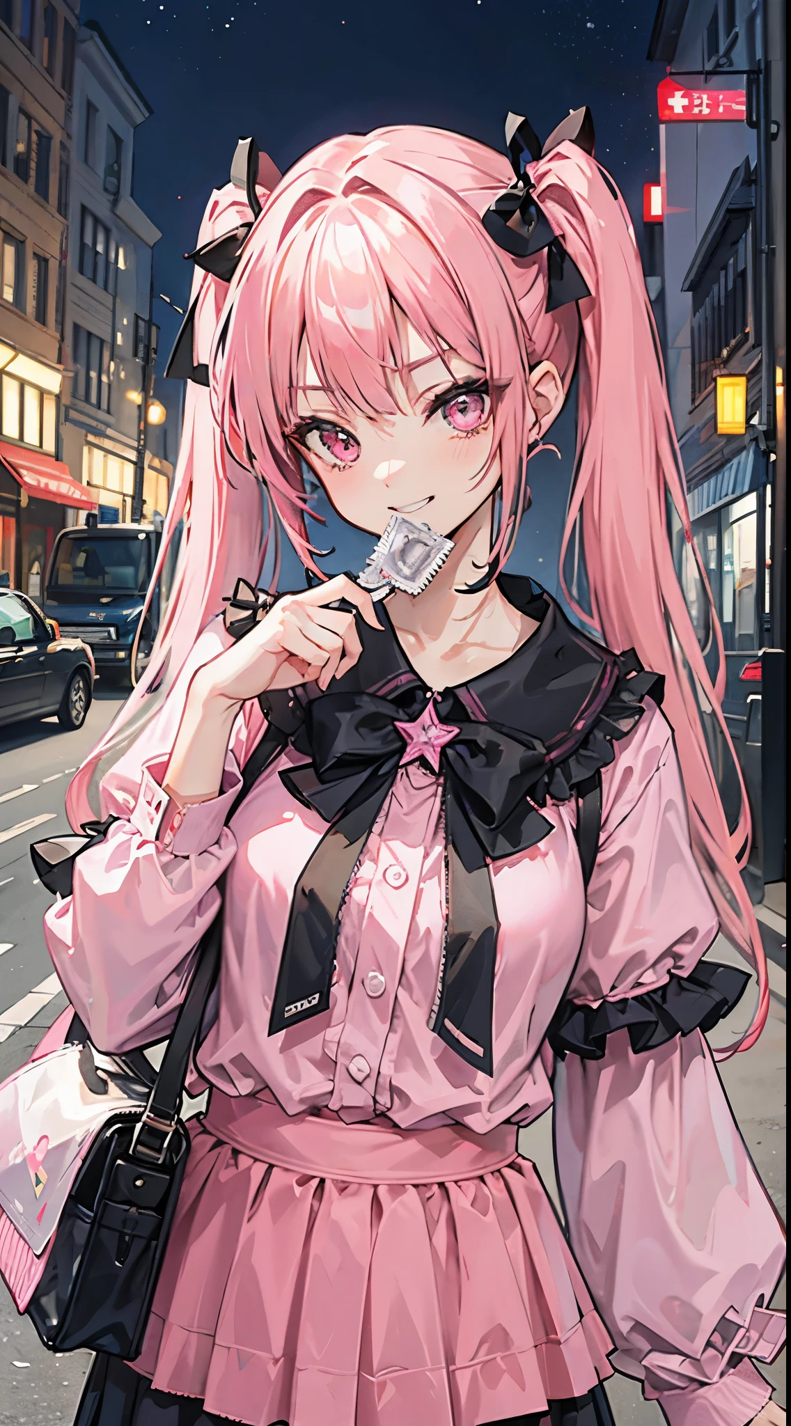 (8K、Top image quality、top-quality、​masterpiece)、A detailed face、1 girl in、A pink-haired、((twintails))、Pink eyes、耳环、evil smile、smirk grin、Moderately breasts、((pink clothing))、frilld、a black ribbon、Black miniskirt、frilld、jirai kei attire、((condom in wrapper))、cowboy  shot、Downtown background at night