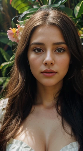 (best quality,ultra-detailed,photorealistic),young woman,beautiful eyes,detailed lips,pensive expression, soft lighting,vibrant colors, long flowing hair, stylish traditional outfit, jungle background,colorful flowers,natural sunlight,serene atmosphere, hourglass figure, 4k details, crying face,  full body pose