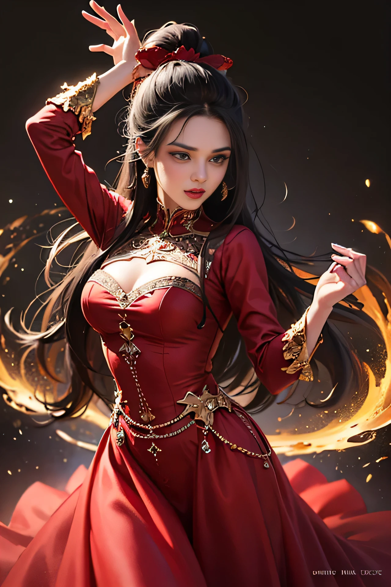 (skindentation:1.5), Realistic, Photorealistic, (masterpiece:1.5), concept art, intricate details, highly detailed, photorealistic, octane render, 8k, unreal engine, dynamic pose, best quality, highres, (realistic face:1.1), (hyperrealistic:1.1), (((full_body))), perfect eyes,(shiny skin:1.2), perfect hand, extremely detailed background, ((dynamic background)), ((1girl)), ((wearing red long fluffy dress)), ((detailed eyes, high quality eyes, high quality face)), long black hair, messy ponytail, dramatic, depth of field, bokeh, 4k, underworld in background, dancer, (((dancing))), long sleeves, (((red long chiffon dress)))