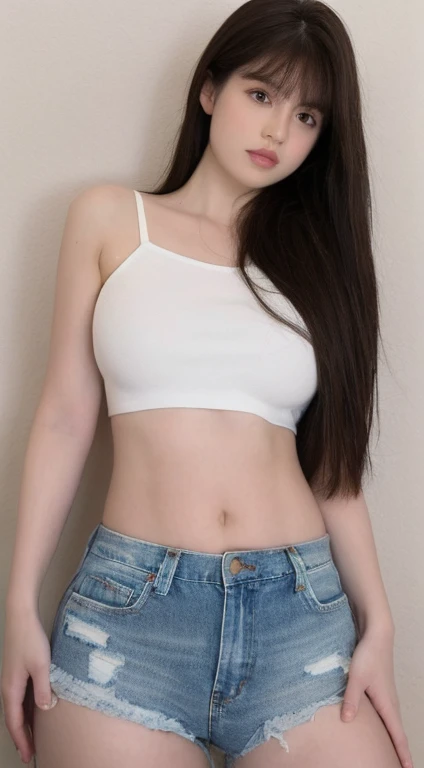 ((Realistic lighting, Best quality, 8K, Masterpiece: 1.3)), Clear focus: 1.2, 1girl, Perfect Figure: 1.4, Slim Abs: 1.1, ((Dark brown hair)), (White crop top: 1.4), (shorts jeans:1.3),(Outdoor, Night: 1.1), City streets, Super fine face, Fine eyes, Double eyelids, ( long hair bangs:1.4),( glasses:1.3),(busty breasts:1.6),(nsfw:1.5)