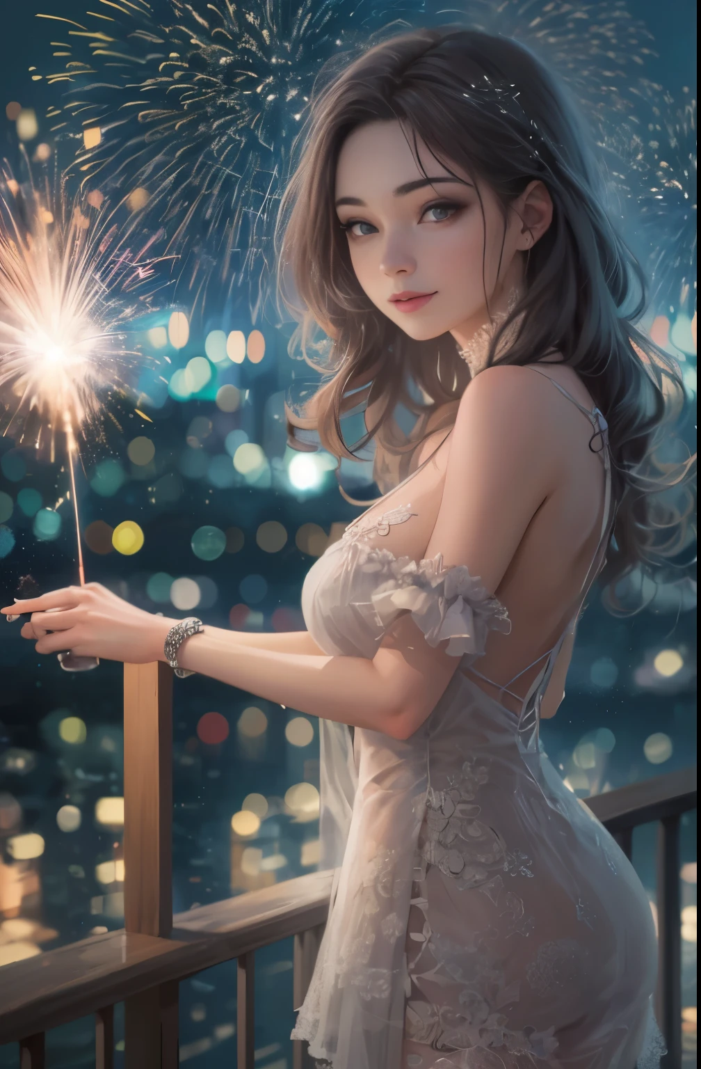 ((Beautiful sexy woman holding a wine glass and looking at me on the balcony)), ((22 year old beautiful girl, the cutest)), Charming smile, ((fireworks in the background) ), ((very long hair) ), ((One piece with many exposed parts)), ((rich breasts)), gradient eyes, Temptation makeup, single view, EGAT., UHD, Retina, masterpiece, accurate, The anatomy is scientifically correct., textured skin, super detail, high-detail, High Quality, Award Winning, High Qualityสุด, high-res, 1080p, HD, 10, 10, 11