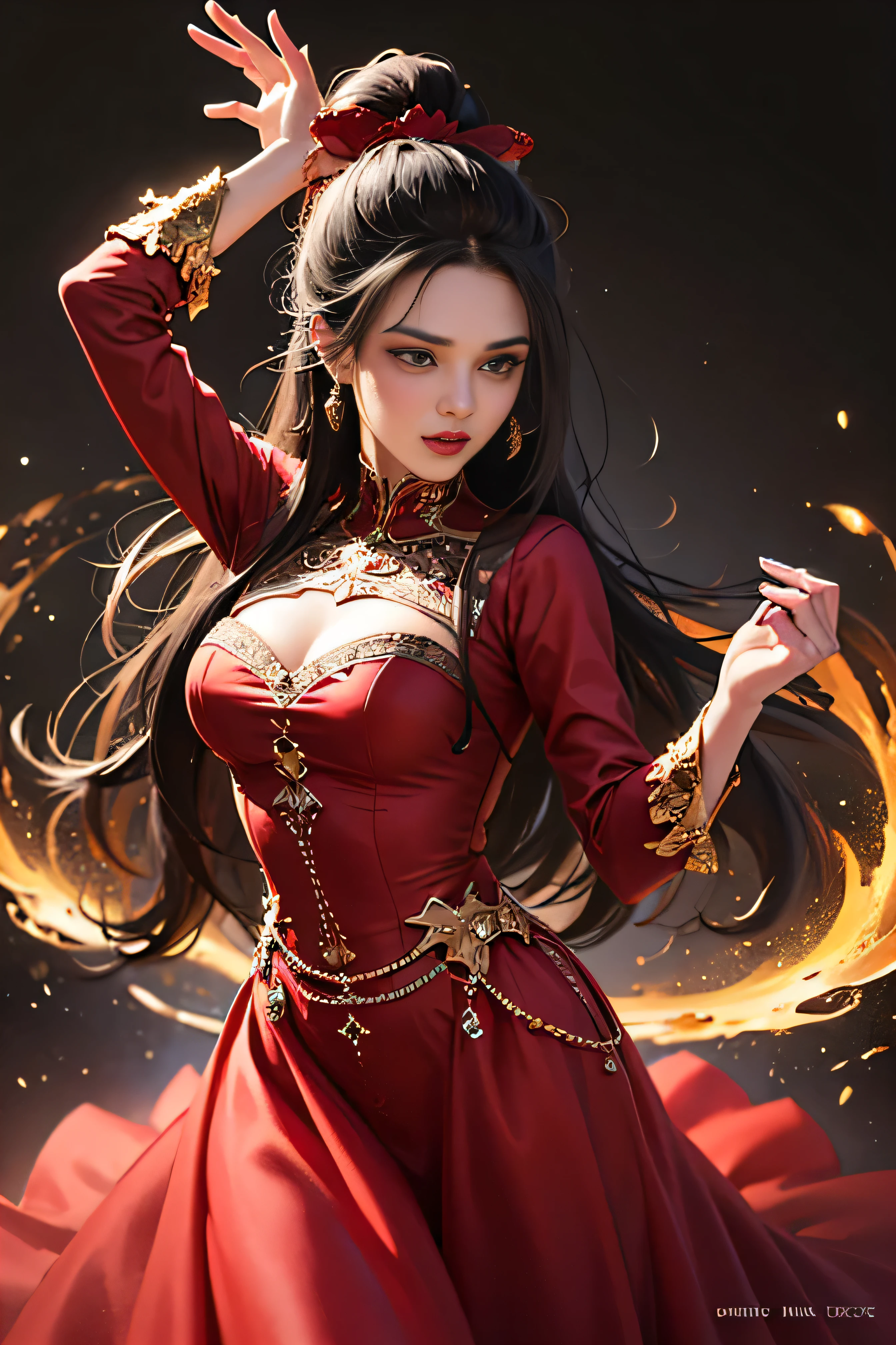 beautiful young girl, with black hair, her zodiac sign is Cancer, femme fatale, red dress, zodiac theme, mystical atmosphere, hd, 8k