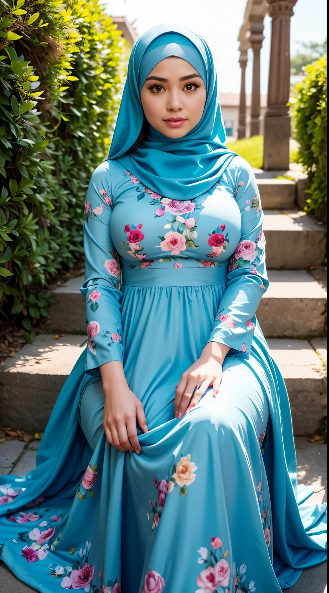 ( Close Up),RAW, Best quality, high resolution, masterpiece: 1.3), beautiful Malay woman in hijab, Masterpiece, perfect fit body, Big breasts, thick thighs, beautiful big eyes, mole under the eyes, long eyelashes, big eyes, beutifull face, Soft smile,  woman wearing a blue floral dress sitting on steps, modest flowing gown, turqouise, flowery dress, wearing a long flowery dress, long dress female, floral art novuea dress, full covered dress, detailed picture, icey blue dress, illustrious clothes  Soft turtleneck, evening walk, garden park, Great lighting, Bright colors, Clean lines