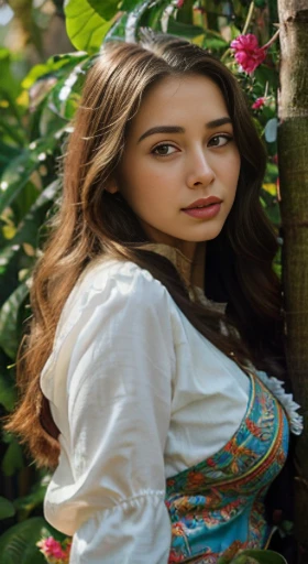 (best quality,ultra-detailed,photorealistic),young woman,beautiful eyes,detailed lips,pensive expression, soft lighting,vibrant colors, long flowing hair, stylish traditional bodyhug outfit, jungle background,colorful flowers,natural sunlight,serene atmosphere, hourglass figure, 4k details, crying face,  full body pose