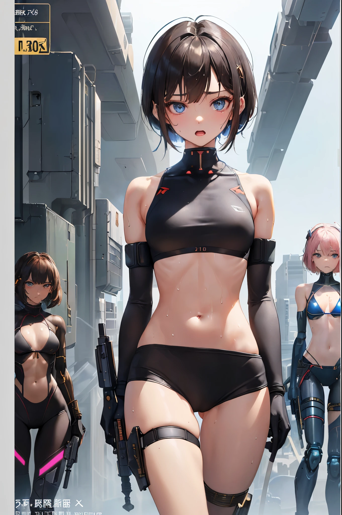 (masterpiece Best Quality, absurderes, Perfect Anatomy:1.5, Unity 8k Wallpapers,best cell anime), Detailed beautiful face and eyes,(focus 1woman),18-year-old beauty、short cut hair,dark brown hair,blue eyes,(Rough breath:1.3,Open your mouth small),((smaller head:1.6,skinny:1.6,medium breasts)),(futuristic gun、The bikini,sweat:1.4),(in fighting:1.2、karo、cyber punk:1.4), break ((Surrounded by multiple female soldiers:1.5))、In the street、big city、
