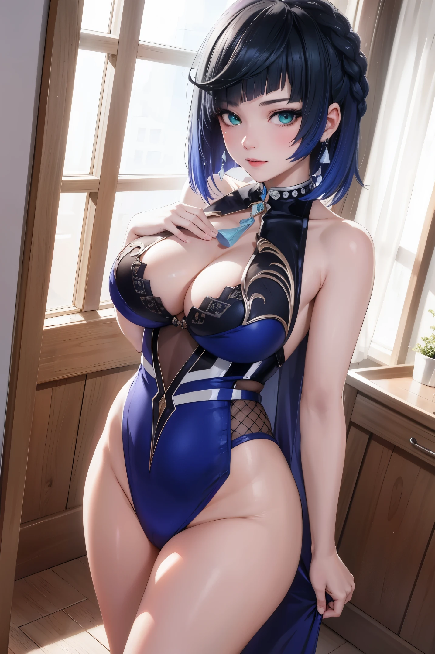 perfect body, sensual cleavage, long blue dress, medium breasts, Ultra HD, 4k image, character close-up camera, V-shaped panties, panties below low cos, Best image quality, artistic cousin, 超高分辨率, (Fidelity: 1.4), photoreal, 1girll, light green eyeballs, eyelashes, beautiful pupil, shadows, light blush, delicate facial features, reasonable facial features, bare shoulders exposed, waist exposed