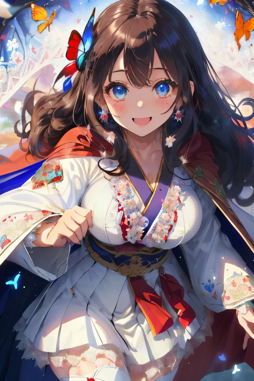 (Dark hair),(Curly hair with a lot of fluff:1.4),(Long curly hair:1.3),(With bangs),(Blue eyes:1.25),Slight red tide,(warm white cape:1.5),(Japanese clothes with cute designs:1.2),(butterfly pattern:1.2),(place々Japanese clothes with lace:1.3),(Brown short boots),(Beautiful breasts spilling out of clothes:1.3),(Happy smile:1.1),(Smiling smile:1.15),(Colorful confetti:1.25),(Accessories shaped like flowers and crystals:1.3),(Her eyes are sparkling:1.2),(Eye size:1.7),(Front perspective:1.2),(Show off your:1.3),(close up of face:1.4),