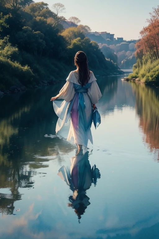 (watercolor style, spectral art) + majestic river overlooking the panorama + costume back (vista) + (flow + subtle reflection) + (blending + splashing) + (light and shadow clear + swaying dynamic)