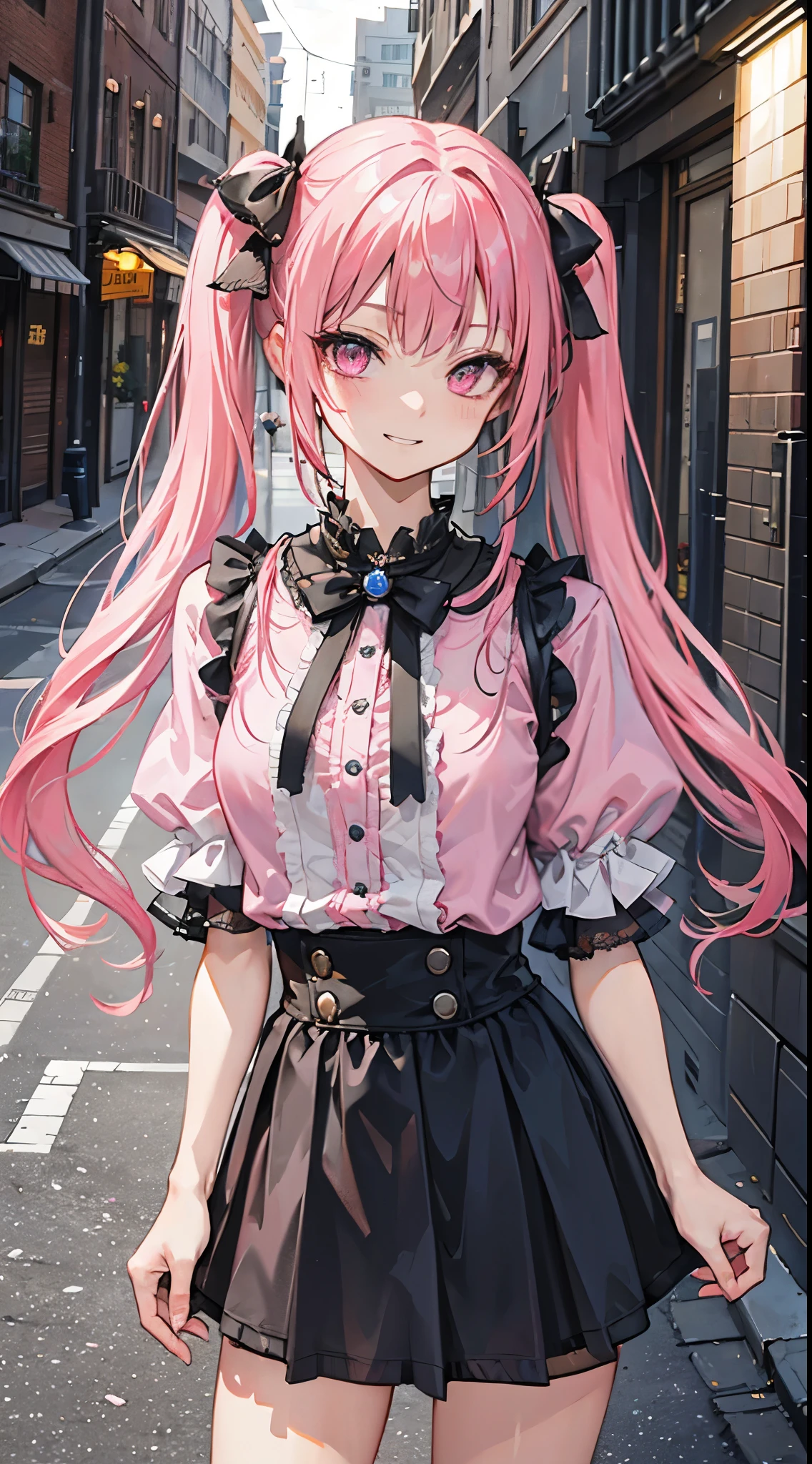 (8K、Top image quality、top-quality、​masterpiece)、A detailed face、1 girl in、A pink-haired、((twintails))、Pink eyes、耳环、evil smile、smirk grin、Moderately breasts、((pink clothing))、frilld、a black ribbon、Black miniskirt、frilld、jirai kei attire、((condom in wrapper))、cowboy  shot、Back alley background at night