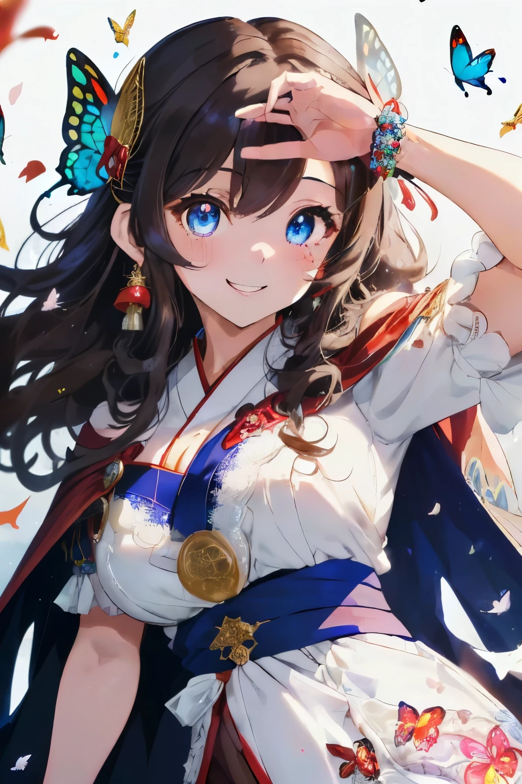 (Dark hair),(Curly hair with a lot of fluff:1.4),(Long curly hair:1.3),(With bangs),(Blue eyes:1.25),Slight red tide,(warm white cape:1.5),(Japanese clothes with cute designs:1.2),(butterfly pattern:1.2),(place々Japanese clothes with lace:1.3),(Brown short boots),(Beautiful breasts spilling out of clothes:1.3),(Happy smile:1.1),(Smiling smile:1.15),(Colorful confetti:1.25),(Accessories shaped like flowers and crystals:1.3),(Her eyes are sparkling:1.2),(Eye size:1.7),(Front perspective:1.2),(Show off your:1.3),(close up of face:1.4),