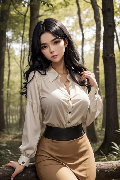 black hair, with a black sign above her left eyebrow, in a wood, a fox behind her left shoulder, high definition, medium hair, blouse clinging to her body, beige blouse, black skirt, medium breasts, slim body with curves, wavy hair, slightly blurred background