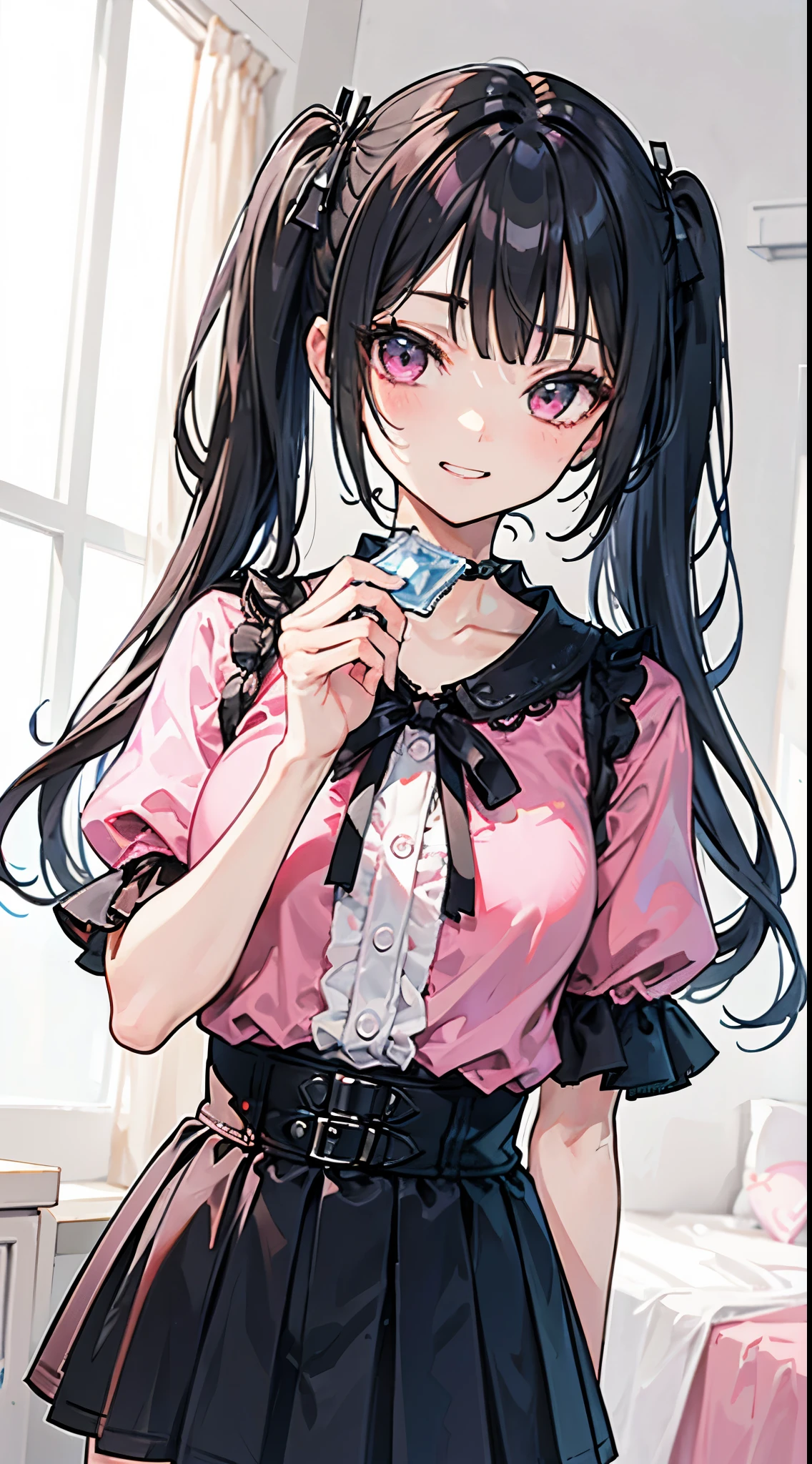 (8K、Top image quality、top-quality、​masterpiece)、A detailed face、1 girl in、A pink-haired、((twintails))、Pink eyes、耳环、evil smile、smirk grin、Moderately breasts、((pink clothing))、frilld、a black ribbon、Black miniskirt、frilld、jirai kei attire、((condom in wrapper:1.0))、cowboy  shot、Dark bedroom background