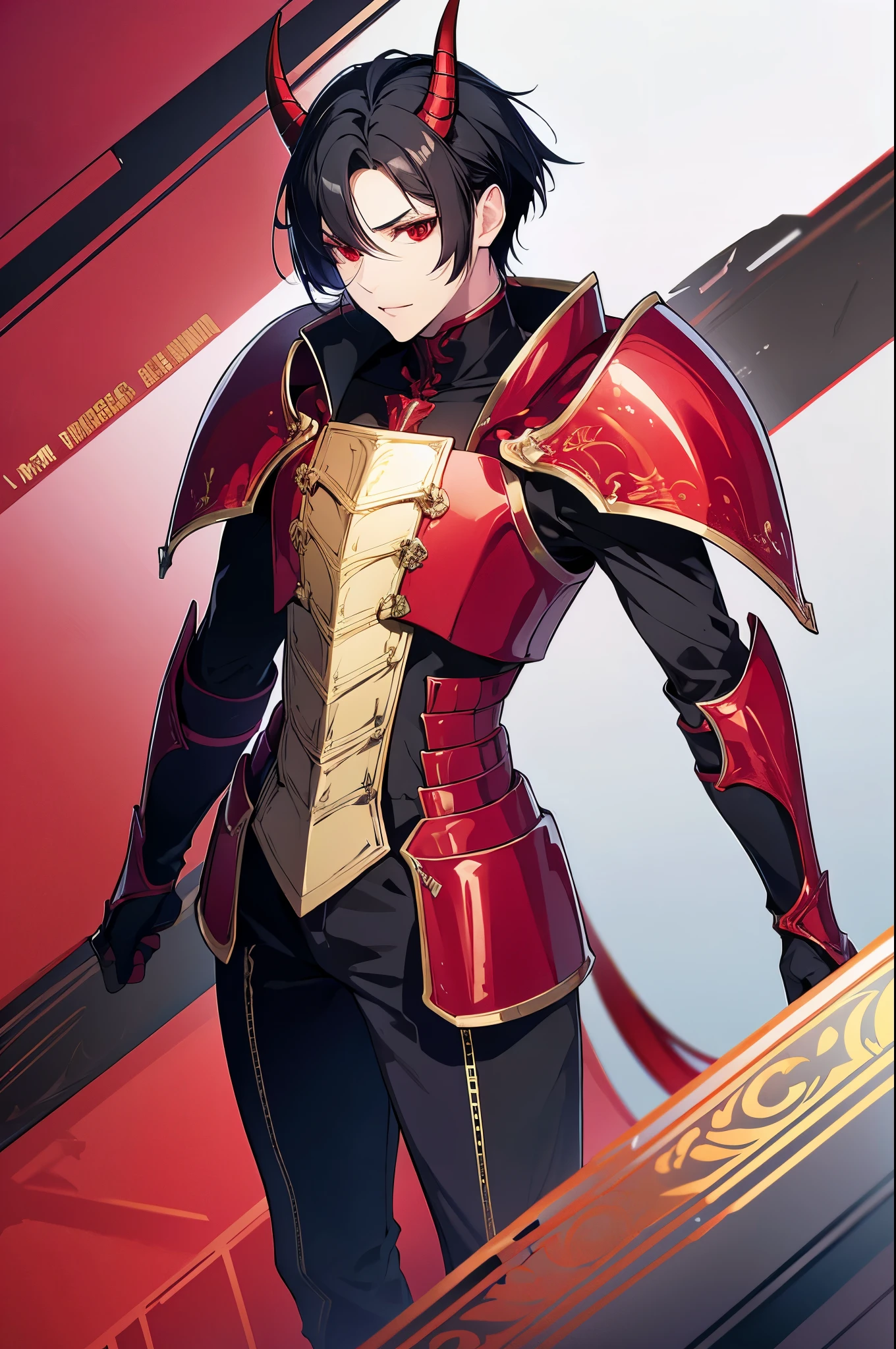 1 man, horns, red eyes, armor, short black hair, standing on ground, high res, ultra sharp, 8K, masterpiece