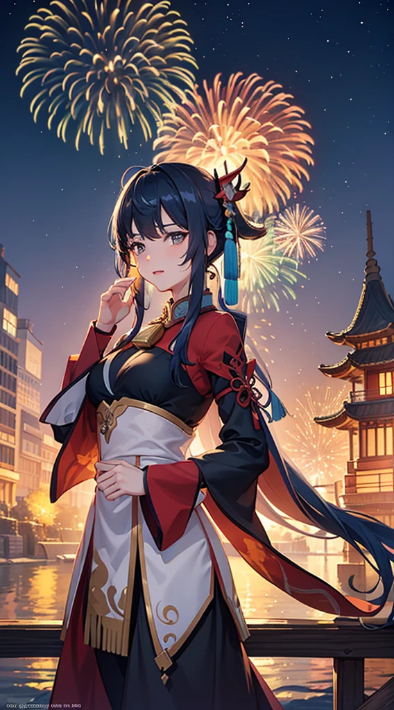 portrait,landscape,painting,illustration,ganyu \(genshin impact\),festive atmosphere,grand fireworks display in the night sky,sparkling fireworks,mesmerizing colors,romantic ambiance,futuristic skyscrapers,tall buildings,reaching towards the sky,glowing neon lights,amazing architectural design,twinkling stars,celebration of the new year,overwhelming sense of excitement,magical moment,inspiring and artistic composition. best quality,4k,8k,highres,masterpiece:1.2,ultra-detailed,realistic:1.37,