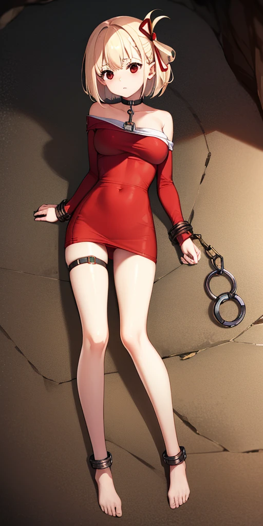 chisatonishikigi, nishikigi chisato, short hair, bangs, blonde hair, (red eyes:1.5), hair ribbon, one side up, bob cut,
Female, standing, straight, 1girl, elf, green wavy hair, from above, medium breasts, suspended by arms, head down, POV, from the side, (dirty, bruise:1.2), cave floor, tiedup, rope, (Masterpiece), full body of a female, big breast, detailed face, full portrait, standing straight, shackles on arms and legs, black chocker on neck, SFW, WHITE TOGA, golden chains hands, golden chains legs, lascivous face, embarrassed, red cheeks, braid black hair, looking at viewer, handcuffs on their hands, with a collar around the neck, slave, ((black choker, shackles on legs and arms)) ((hands hidding behind body))