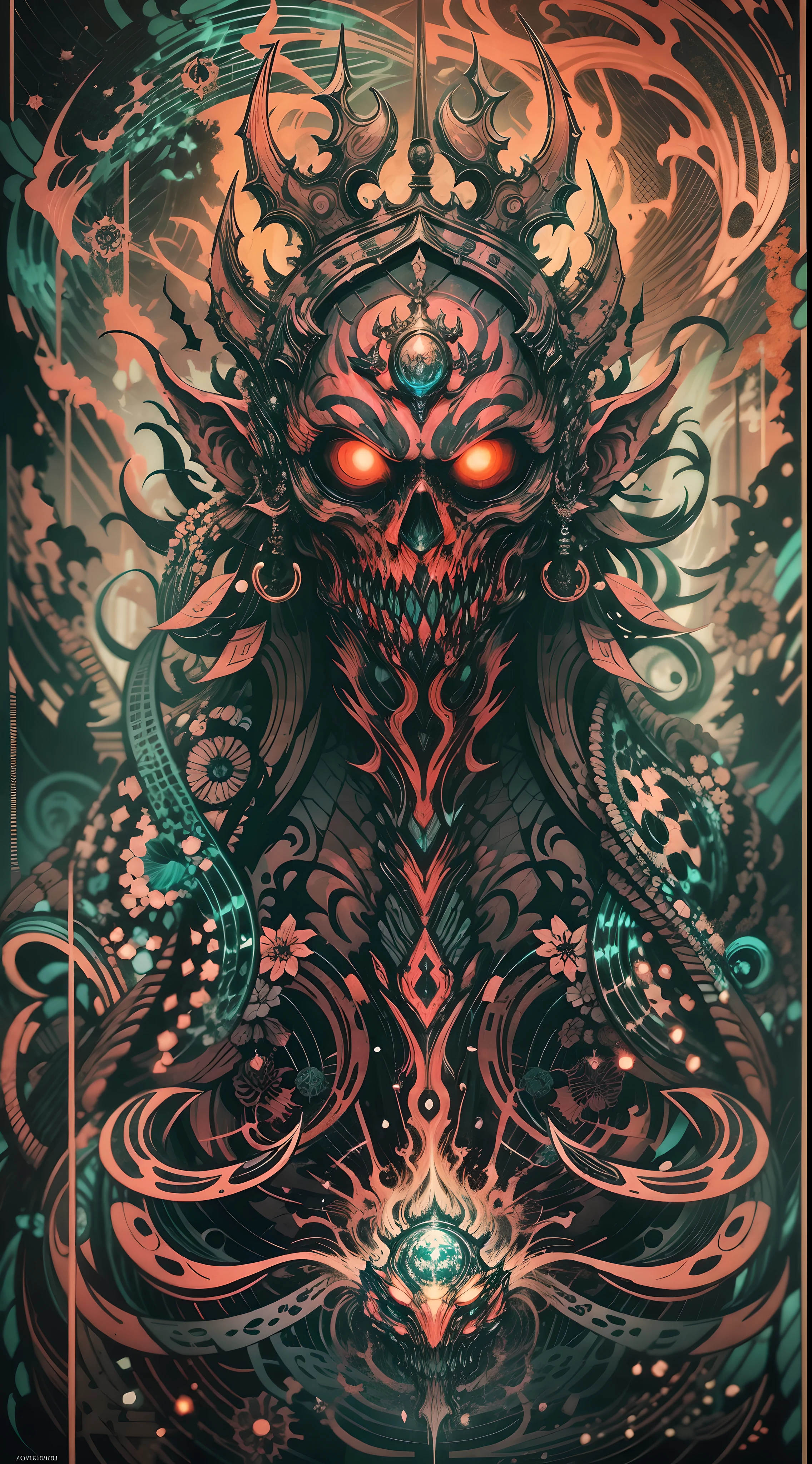 Explosive, otherworldly painting of a shape-shifting deity adorned with the Hp.lovecraft motifs and omnipresent, piercing eyes, a breathtaking amalgamation of fine art and captivating photo collage, mesmerizing poster design:: their appearance exuded the enigmatic allure of elder god minimalism fused with cosmic chaos:: --ar 9:16 --s 963 --c 9 --q 2 --v 5
