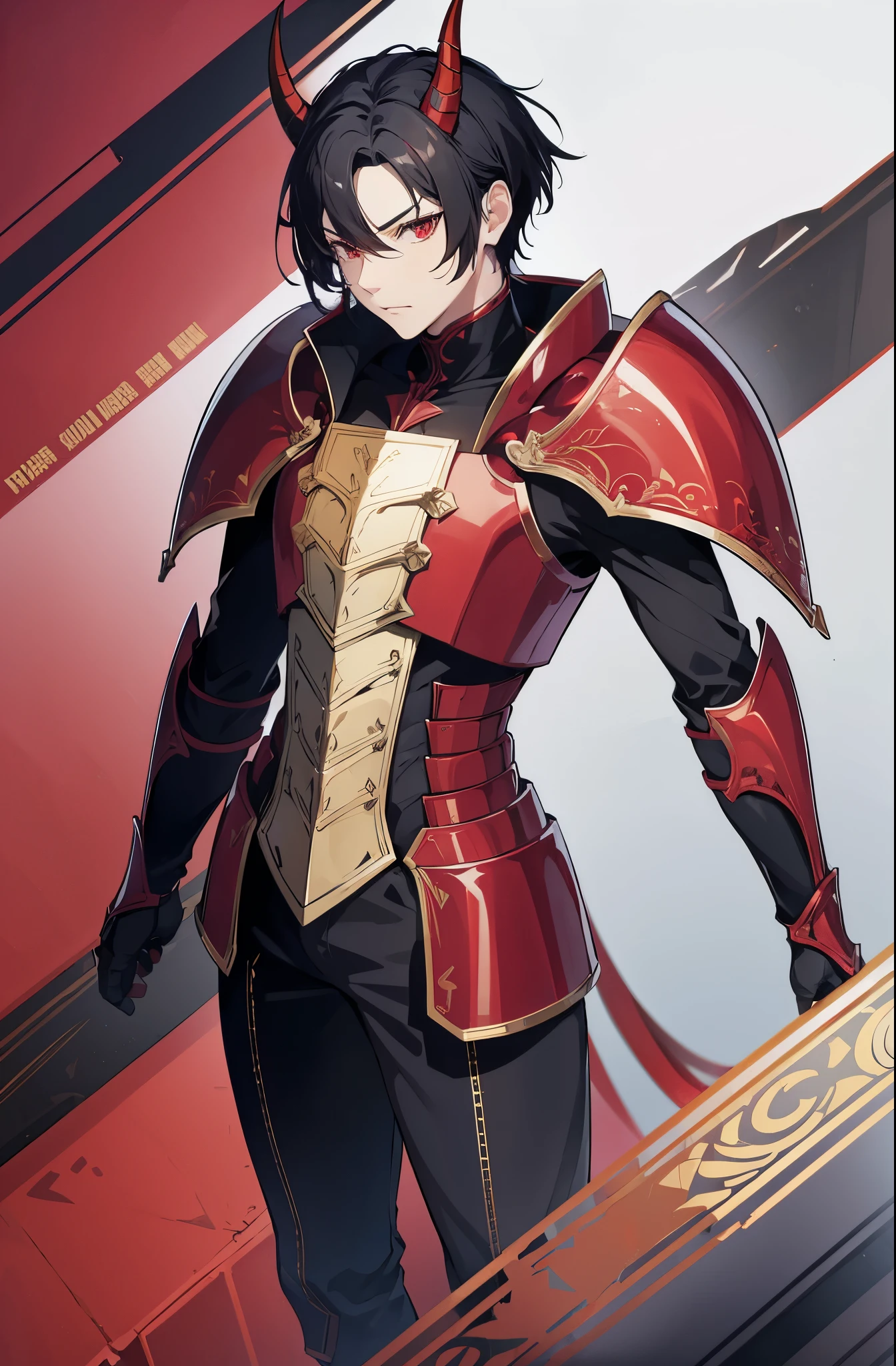1 man, horns, red eyes, armor, short black hair, standing on ground, high res, ultra sharp, 8K, masterpiece