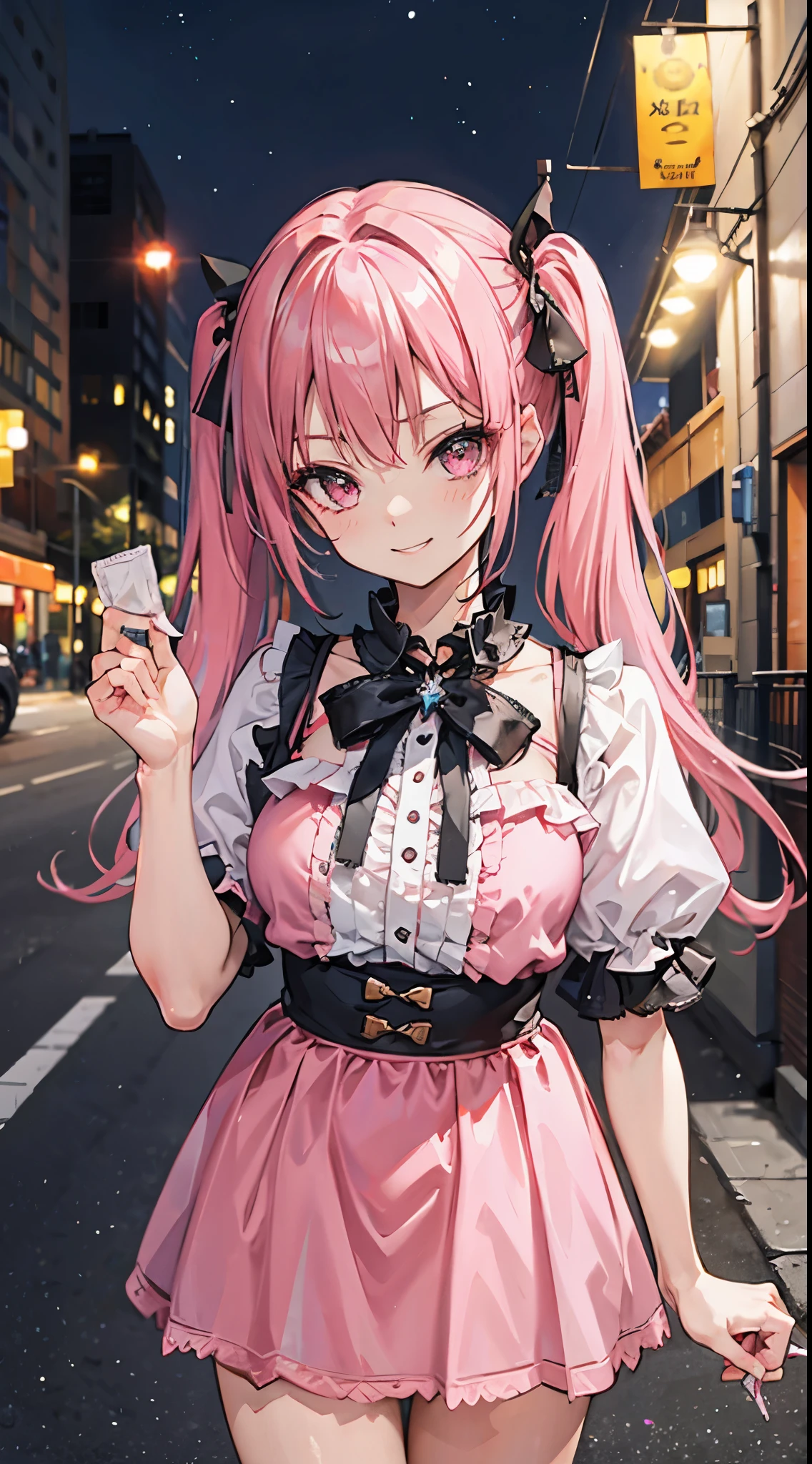 (8K、Top image quality、top-quality、​masterpiece)、A detailed face、1 girl in、A pink-haired、((twintails))、Pink eyes、耳环、evil smile、smirk grin、Moderately breasts、((pink clothing))、frilld、a black ribbon、Black miniskirt、frilld、jirai kei attire、((condom in wrapper:1.0))、cowboy  shot、Downtown background at night