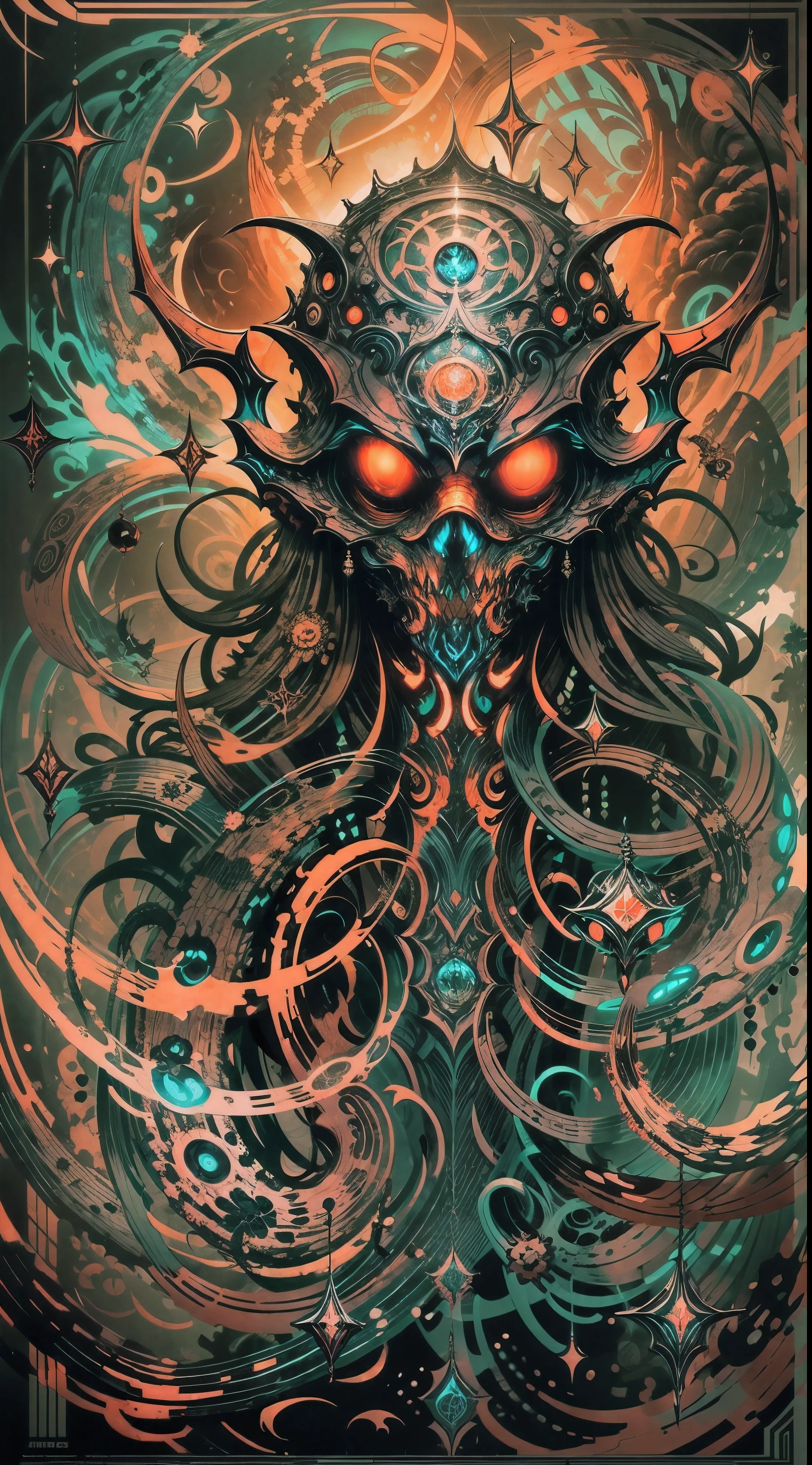 Explosive, otherworldly painting of a shape-shifting deity adorned with the Hp.lovecraft motifs and omnipresent, piercing eyes, a breathtaking amalgamation of fine art and captivating photo collage, mesmerizing poster design:: their appearance exuded the enigmatic allure of elder god minimalism fused with cosmic chaos:: --ar 9:16 --s 963 --c 9 --q 2 --v 5