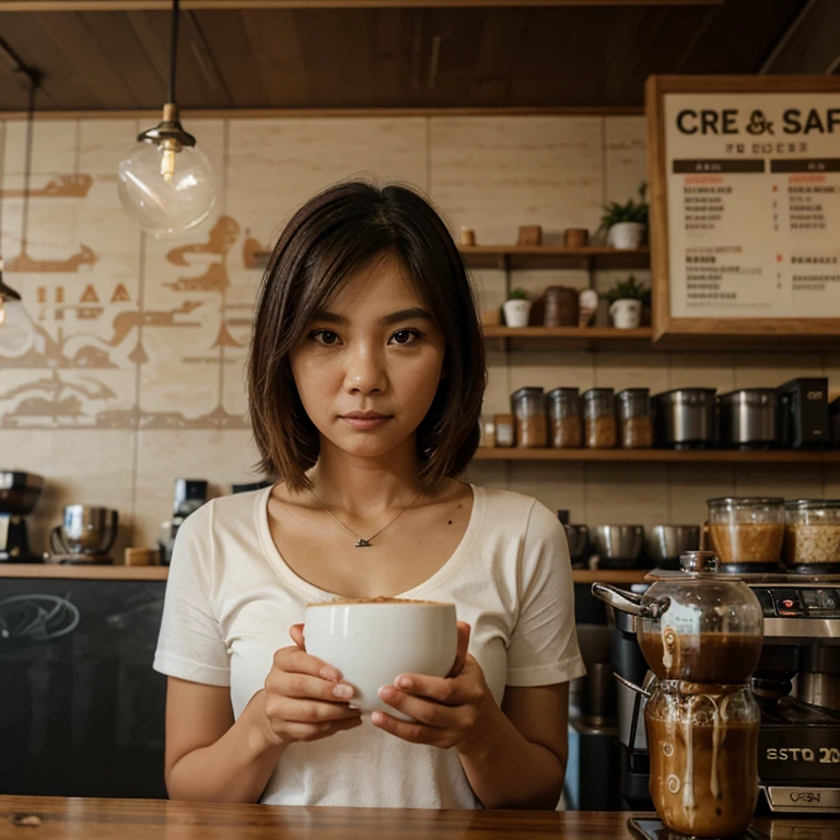 A lady holding a bowl of Laksa noodle , in a local coffee shop, and big wording of Good Bye 2023, the shop name Trusan Cafe