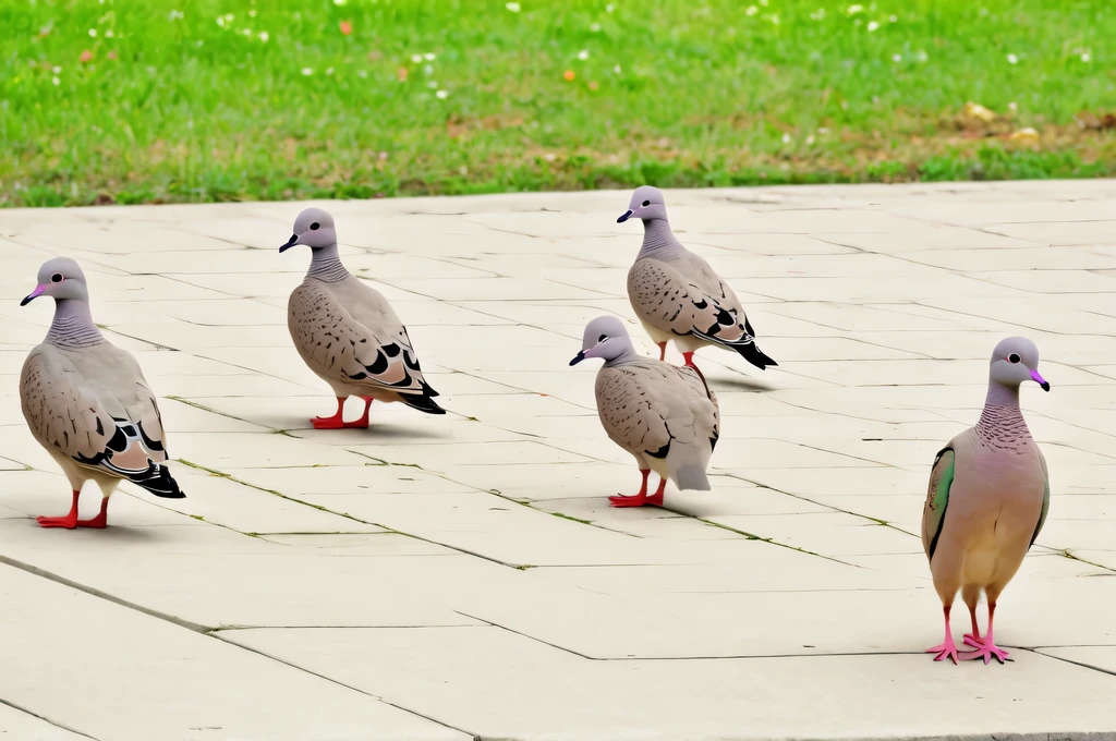 there are many doves standing on sidewalk together, dove, The bird is on the ground, dove, People who watch over their surroundings々, beautiful image, on sidewalk, duck, beautiful high resolution, Beautiful pictures, Observe the birds, shutterstock, proud looking, caught on camera, stock image, post grung, Scene!!, photographed, People walking around々々々