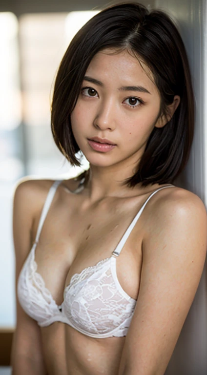 a 18 year old girl， （tmasterpiece： 1.4）， （in 8K， Realiy， RAW photogr， best qualtiy： 1.4）， japanes， （1 rapariga）， beauitful face， （real  face： 1.4）， （Caramel hair， Long whit hair： 1.3）， messy hair style， realistic brown eyes detailed eyes， （realskin： 1.3）， Beautiful skins， Attractive， 超A high resolution， Ultra photo realsisim， KHD， the golden ratio， （Detailed face： 1.4）， （japanesの俳優： Haruna Kawaguchi），White translucent lace bra， With short black hair，Soaked white translucent panties，NSFW，Slim Style，Slim and small butt enhancement，nipple areola is clearly shaped，Look into the camera，sit on a bed，The genitals are transparent，Open your knees and legs in a sneaky pose）