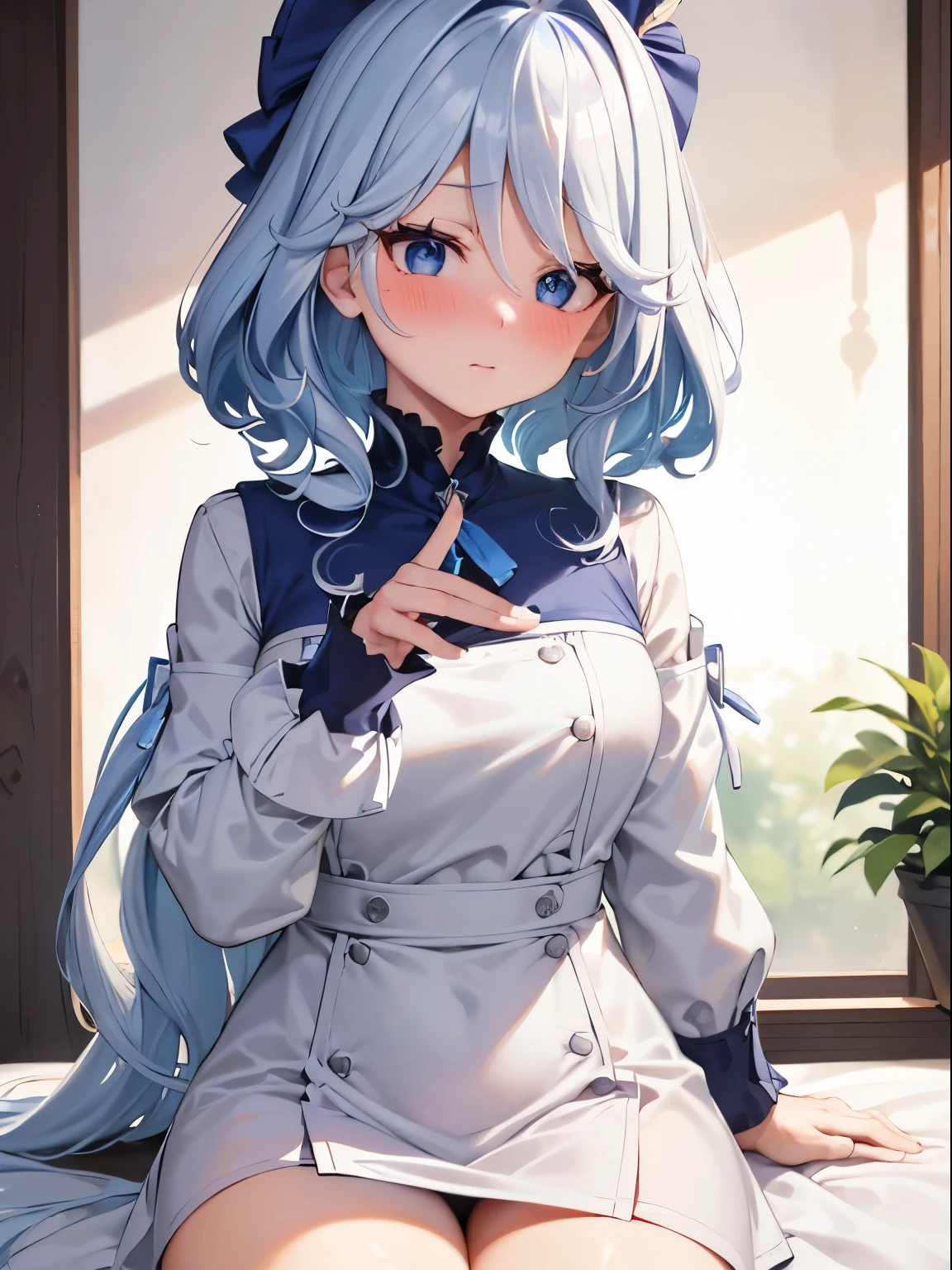 Best Quality, ultra-detail, Illustration, white blue hair, furina，cute face，turned around，Close，Angle to show off tiny breastinely detail，Perfect fingers，long-sleeve，leaning down，red blush，embarrassed from，Bring your face closer，One-person viewpoint，Hanging udder，bending forward，Ashamed、a bed，bath towels