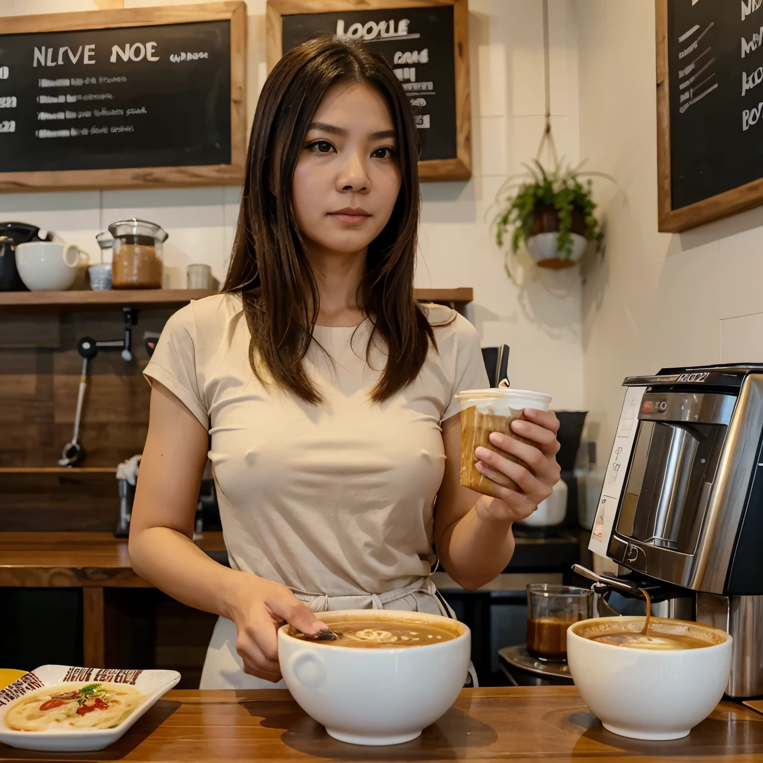 A lady holding a bowl of Laksa noodle , in a local coffee shop, and big wording of Good Bye 2023, the shop name Trusan Cafe