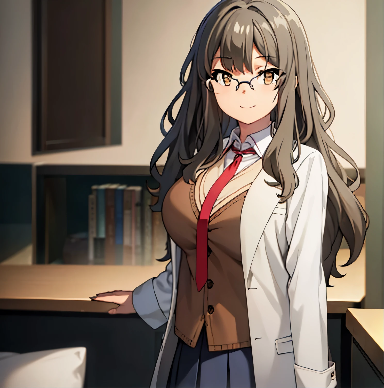 masterpiece, high quality, best quality, high resolution, 4k, high definition, beautiful lighting,highly detailed face, well drawn hands, well drawn legs,well drawn feet,well drawn eyes, 1girl, alone,futaba,grey hair, brown eyes,glasses,big breasts, big ass, minegahara school uniform, labcoat, blue skirt, red necktie,from front, smiling, unbuttoned shirt, collar bone , cleavage visible, sweating, standing, only half a face in the frame, excellente hands,excellent anatomy