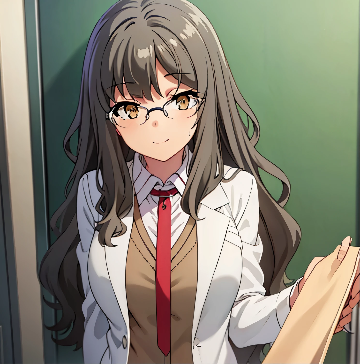 masterpiece, high quality, best quality, high resolution, 4k, high definition, beautiful lighting,highly detailed face, well drawn hands, well drawn legs,well drawn feet,well drawn eyes, 1girl, alone,futaba,grey hair, brown eyes,glasses,big breasts, big ass, minegahara school uniform, labcoat, blue skirt, red necktie,from front, smiling, unbuttoned shirt, collar bone , cleavage visible, sweating, standing, only half a face in the frame, excellente hands,excellent anatomy