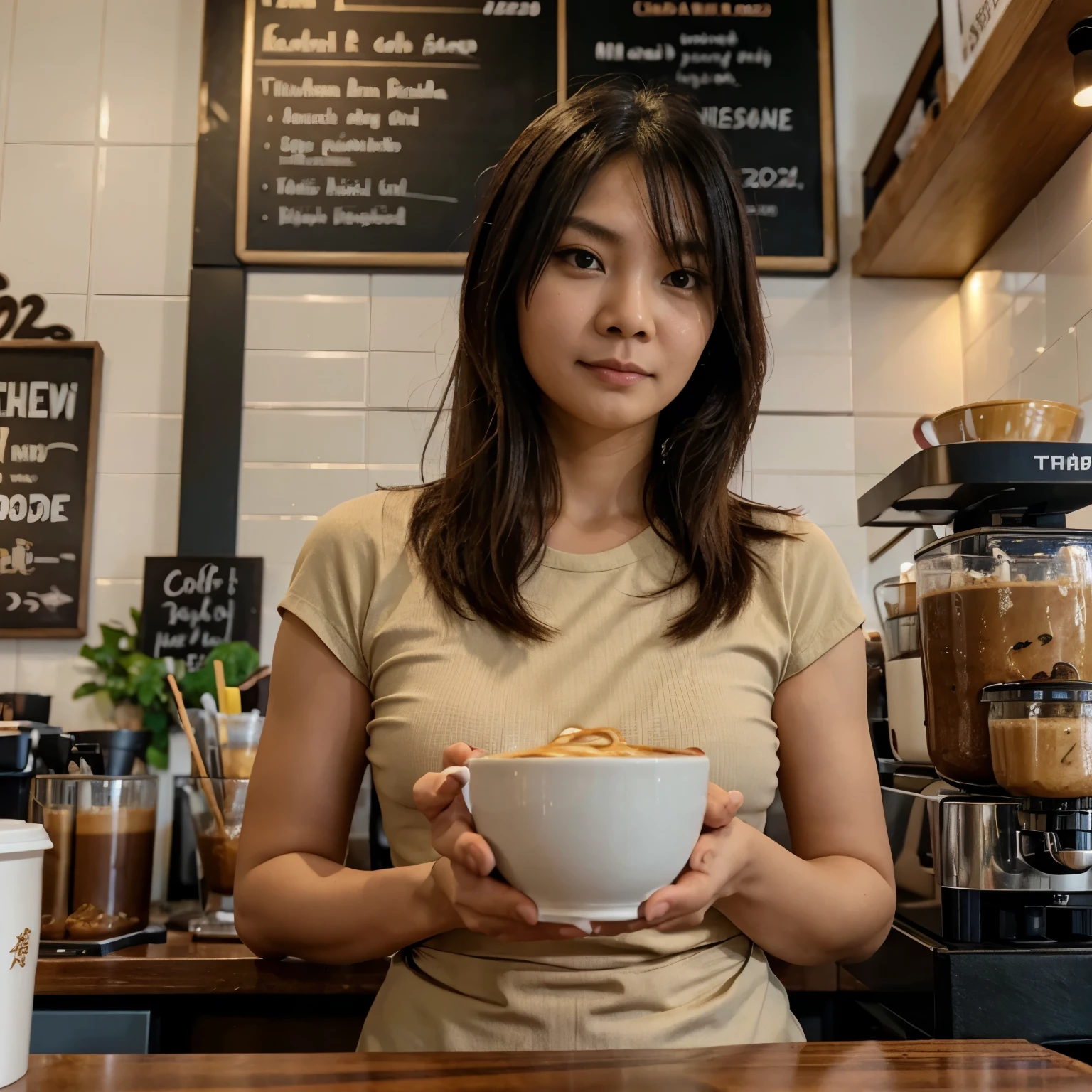 A lady holding a bowl of Laksa noodle , in a local coffee shop, and big wording of Good Bye 2023, the shop name Trusan Cafe