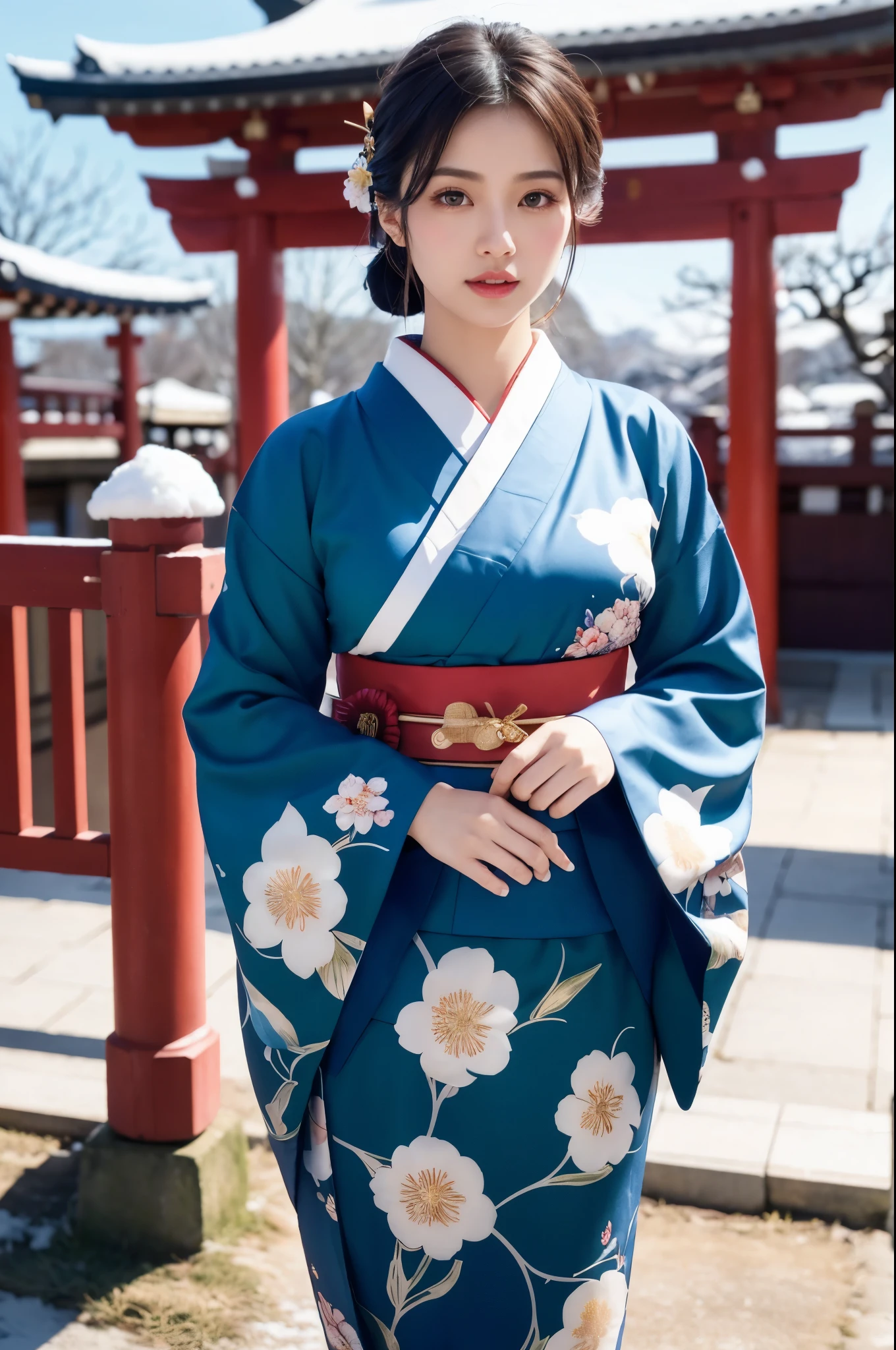 Japanese shinto shrines in snowy landscapes, Early morning of New Year's Day, ((A beautiful Japanese girl in a long-sleeved kimono for New Year's celebration, floral print, fur-piece)), solo, (Photorealistic:1.4), masterpiece, Best Quality, 8K, ultra high-resolution, cowboy shot, Like a Japanese Idol, Extremely cute, elegant, Slightly bewitching, parted lips, glossy skin, cinematic composition, professional warm lighting and shading, extremely detailed eyes and face, eyes with beautiful details, insanely detailed beautiful realistic skin texture, (correct body balance, accurate hands, accurate eyes)